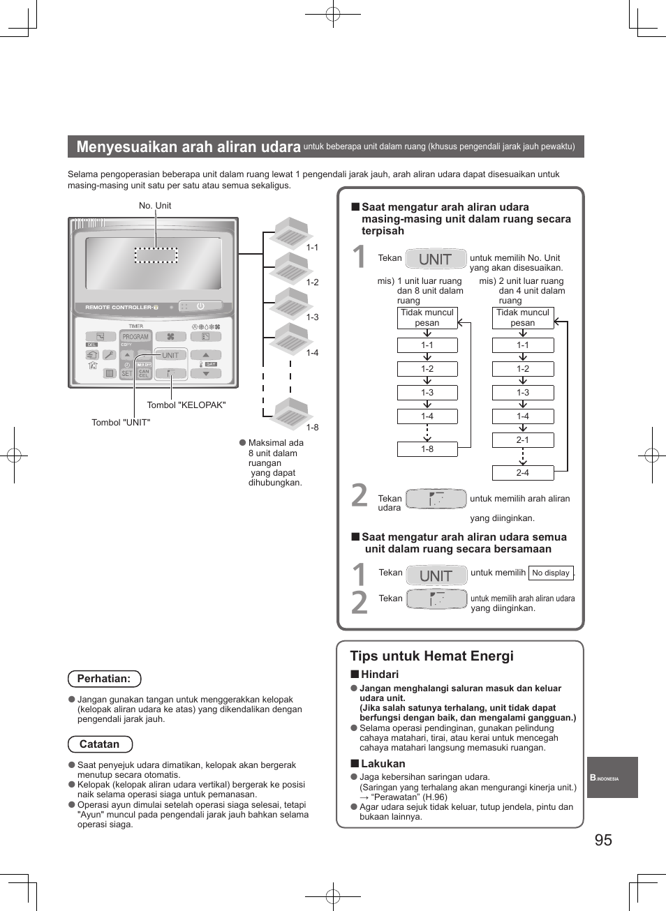 Menyesuaikan arah aliran udara, Tips untuk hemat energi | Panasonic S106MF2E5A User Manual | Page 95 / 108