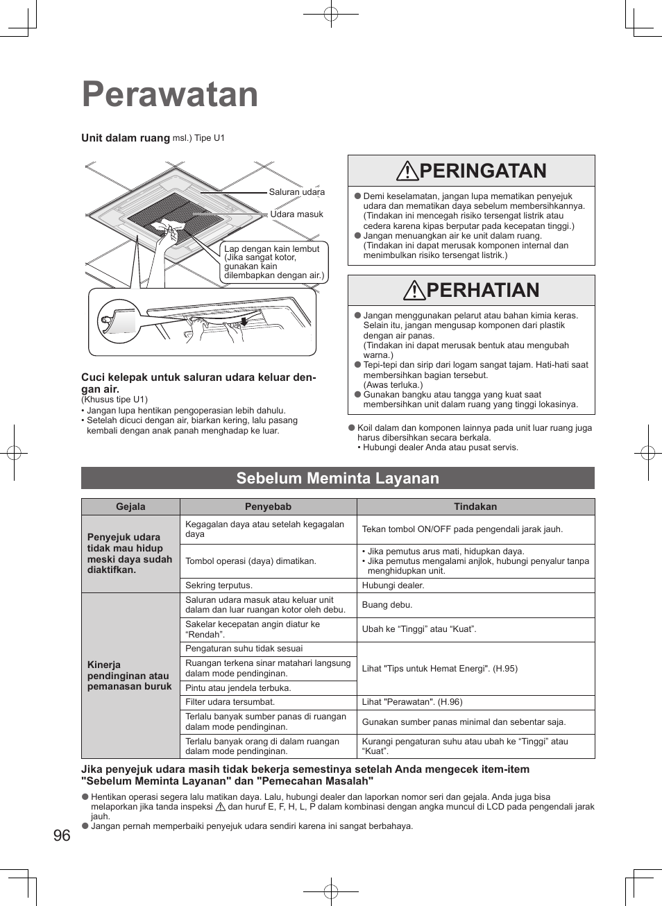 Perawatan, Peringatan, Perhatian | Sebelum meminta layanan | Panasonic S106MF2E5A User Manual | Page 96 / 108