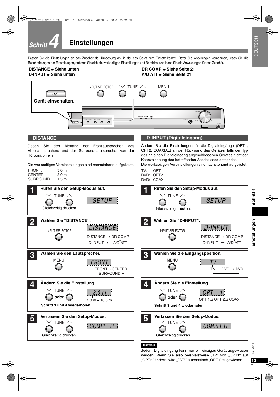 Einstellungen, Schritt, Front complete 3.0 m | D-input setup distance complete setup, Opt 1 | Panasonic SCHT17 User Manual | Page 13 / 80