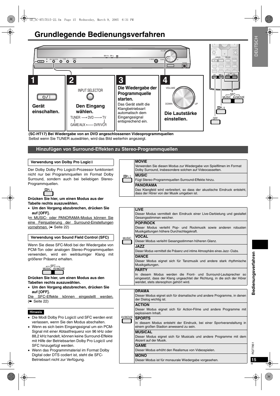 Grundlegende bedienungsverfahren, Die lautstärke einstellen, Be di en un gsv erfah re n 15 | Deutsc h, Input selector | Panasonic SCHT17 User Manual | Page 15 / 80