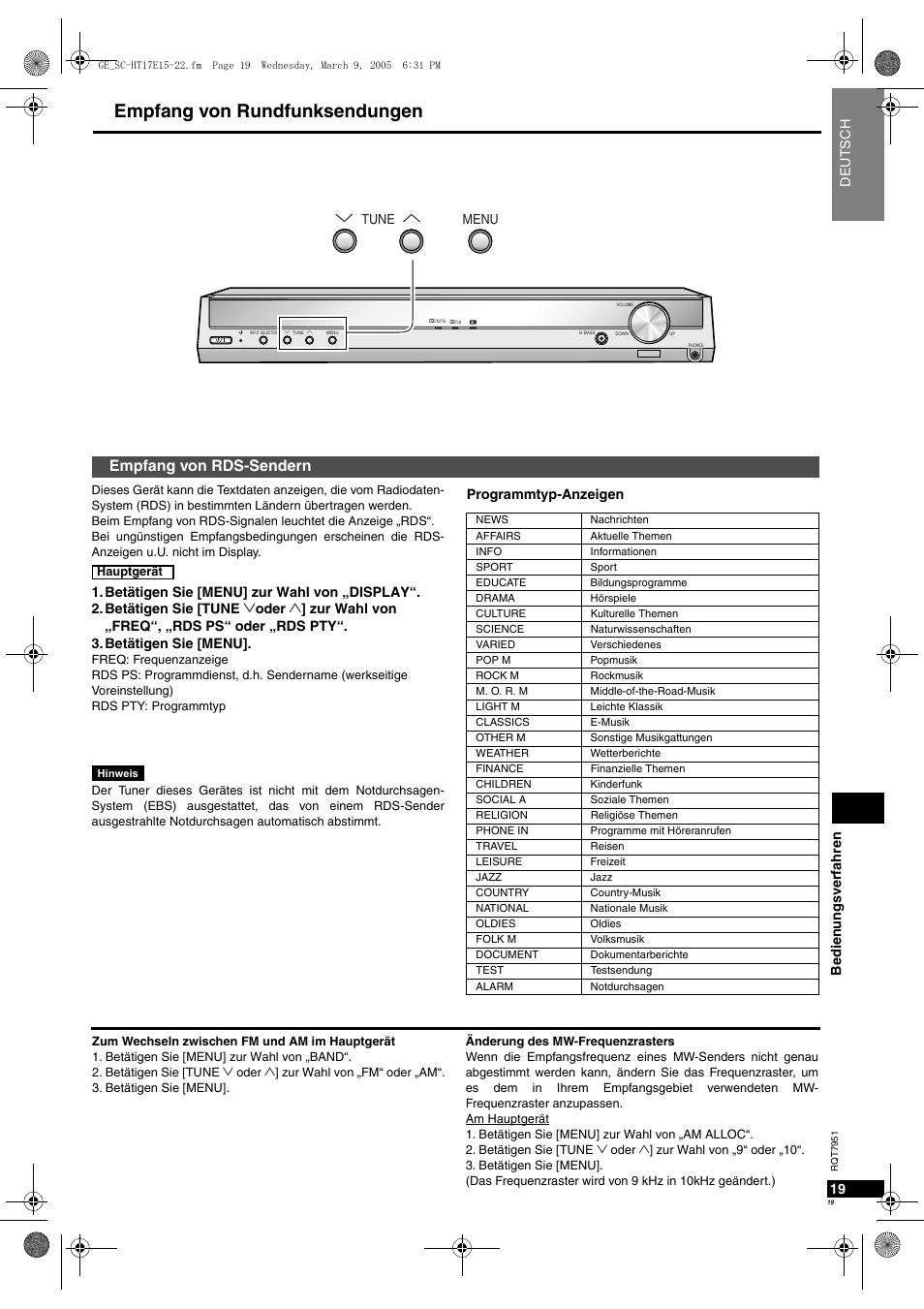 Empfang von rundfunksendungen, Empfang von rds-sendern | Panasonic SCHT17 User Manual | Page 19 / 80