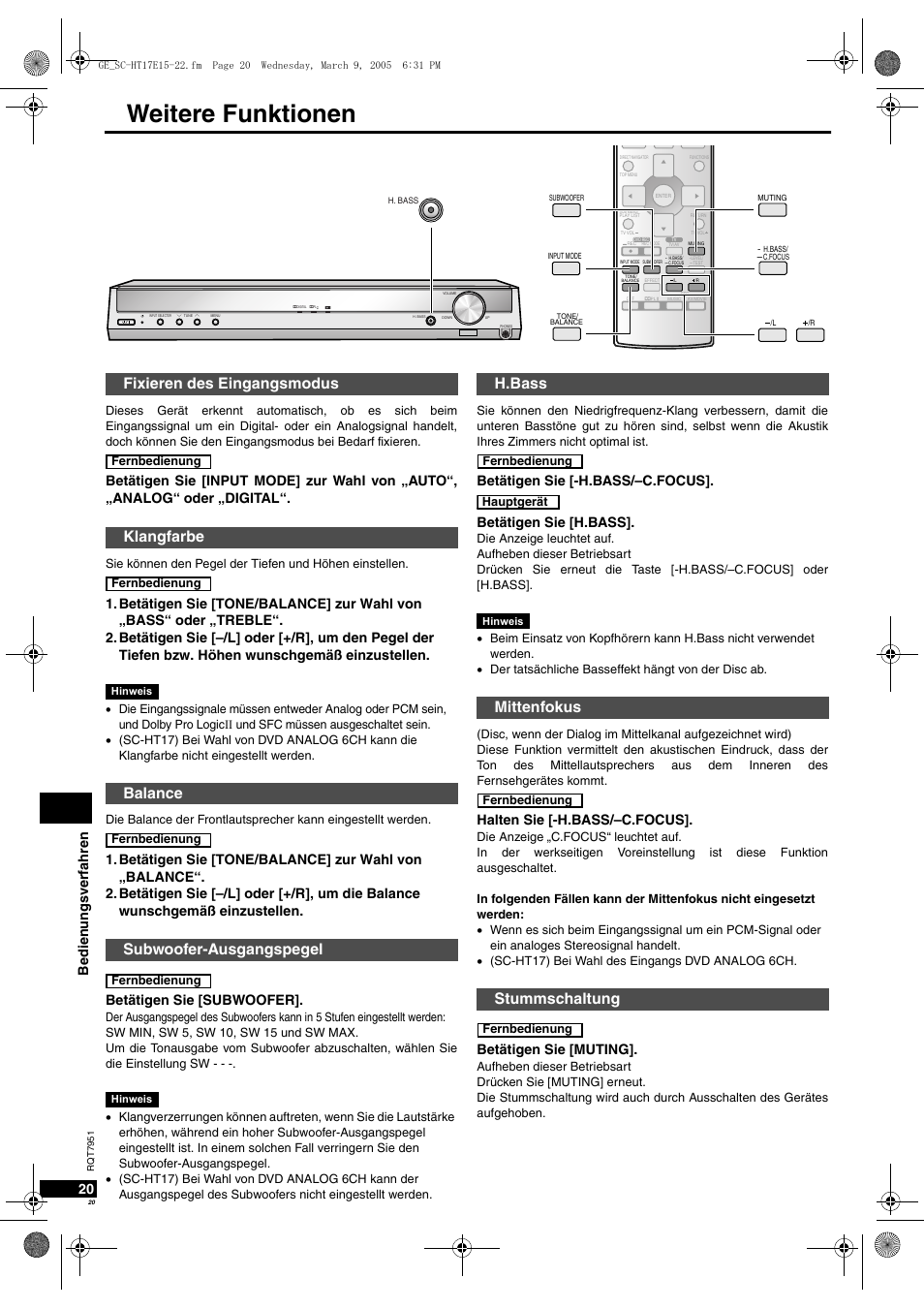 Weitere funktionen, H.bass mittenfokus stummschaltung, Be di en un gsv erfah re n 20 | Betätigen sie [subwoofer, Betätigen sie [-h.bass/–c.focus, Betätigen sie [h.bass, Halten sie [-h.bass/–c.focus, Betätigen sie [muting | Panasonic SCHT17 User Manual | Page 20 / 80