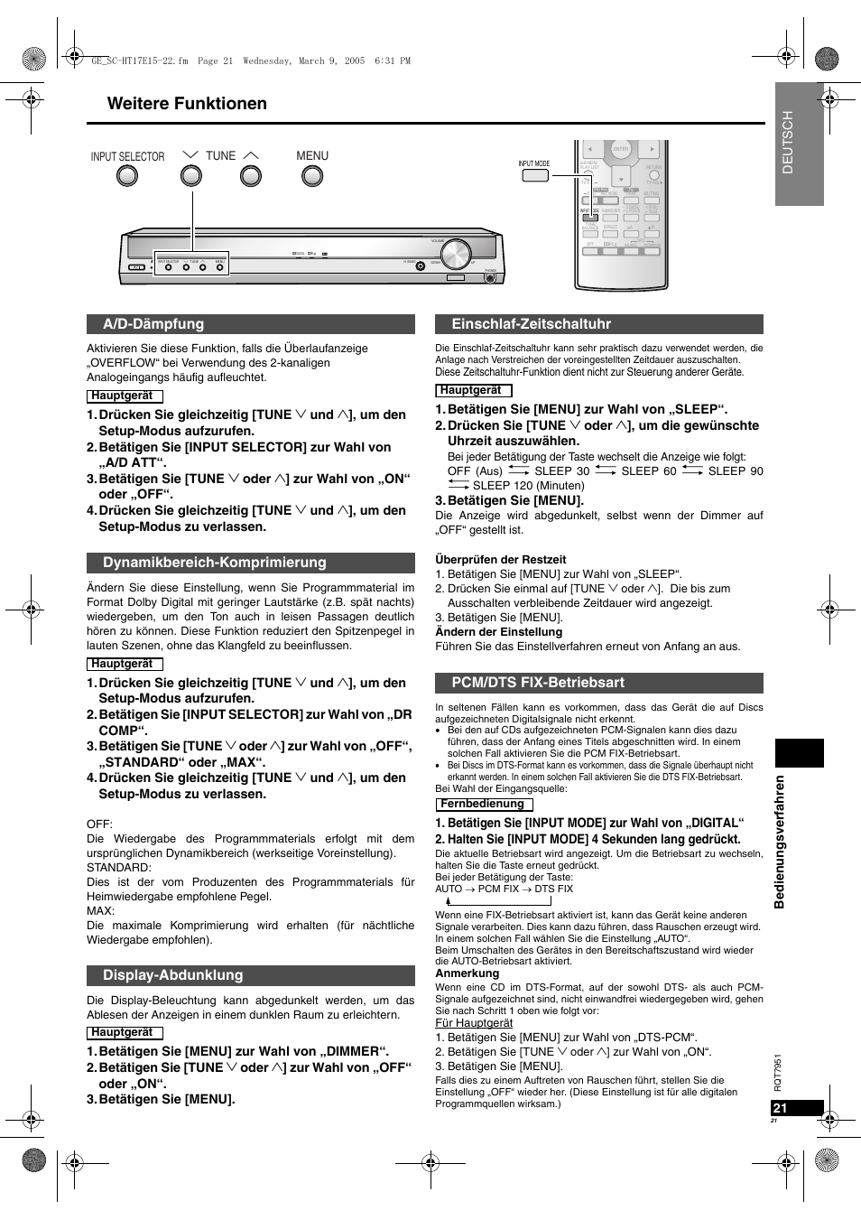 Weitere funktionen, Einschlaf-zeitschaltuhr pcm/dts fix-betriebsart, Be di en un gsv erfah re n 21 | Deutsc h, Betätigen sie [menu | Panasonic SCHT17 User Manual | Page 21 / 80