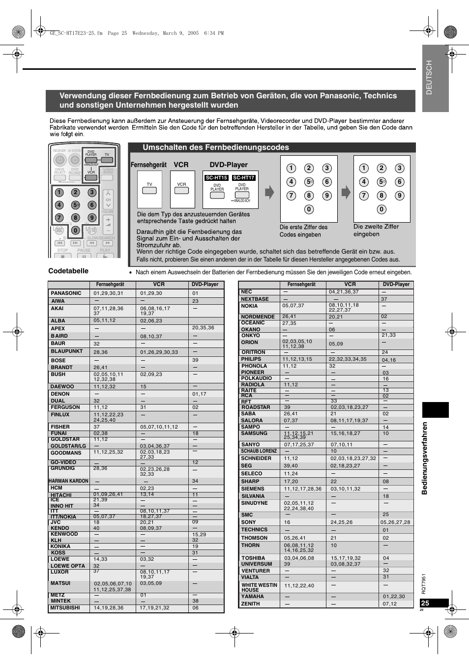 Umschalten des fernbedienungscodes, Be di en un gsv erfah re n 25, Deutsc h | Fernsehgerät vcr dvd-player, Codetabelle | Panasonic SCHT17 User Manual | Page 25 / 80