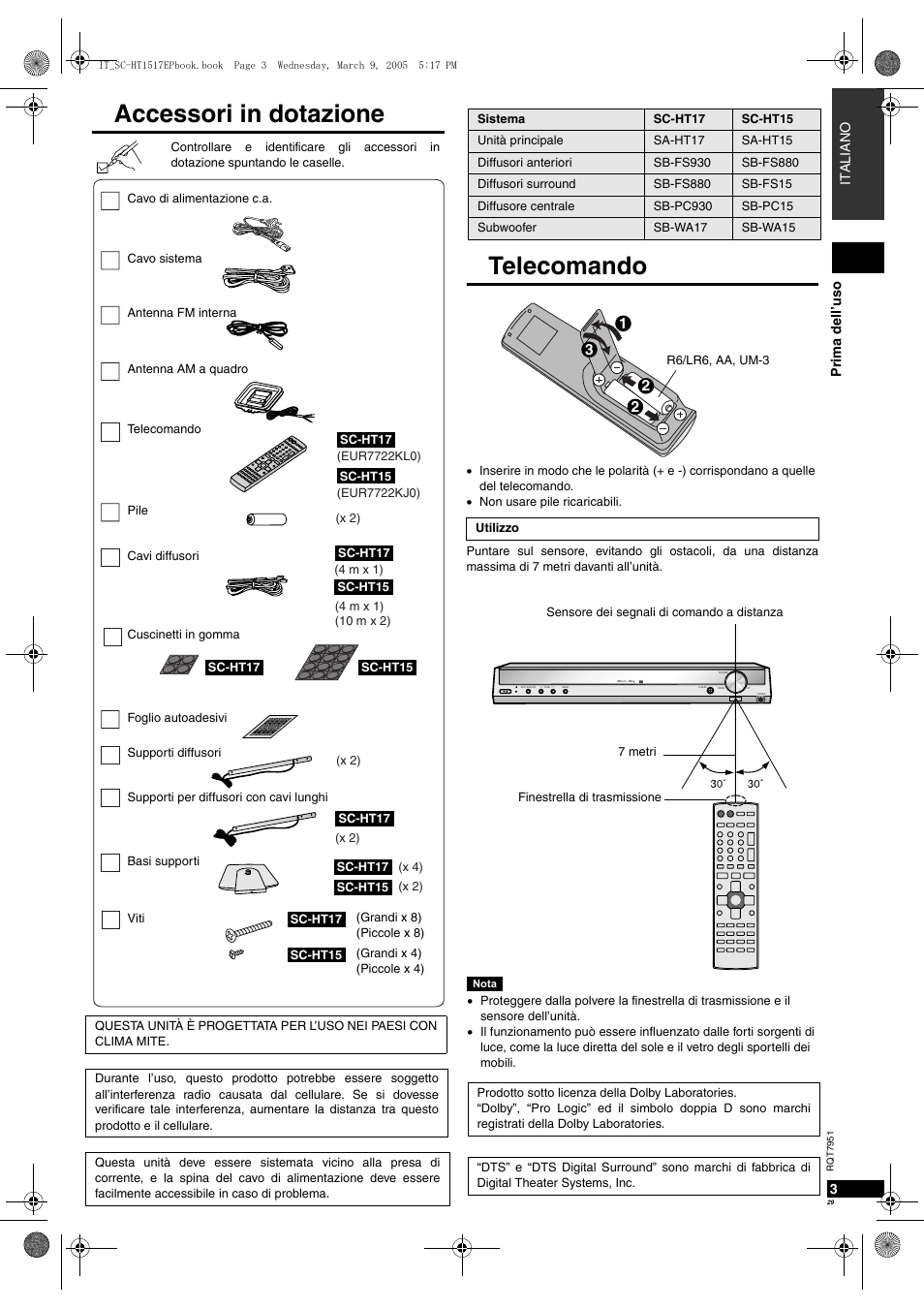 Accessori in dotazione, Telecomando | Panasonic SCHT17 User Manual | Page 29 / 80