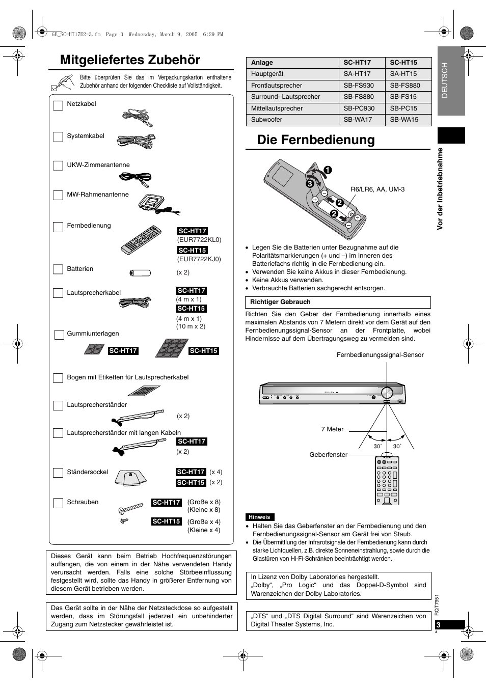 Mitgeliefertes zubehör, Die fernbedienung | Panasonic SCHT17 User Manual | Page 3 / 80