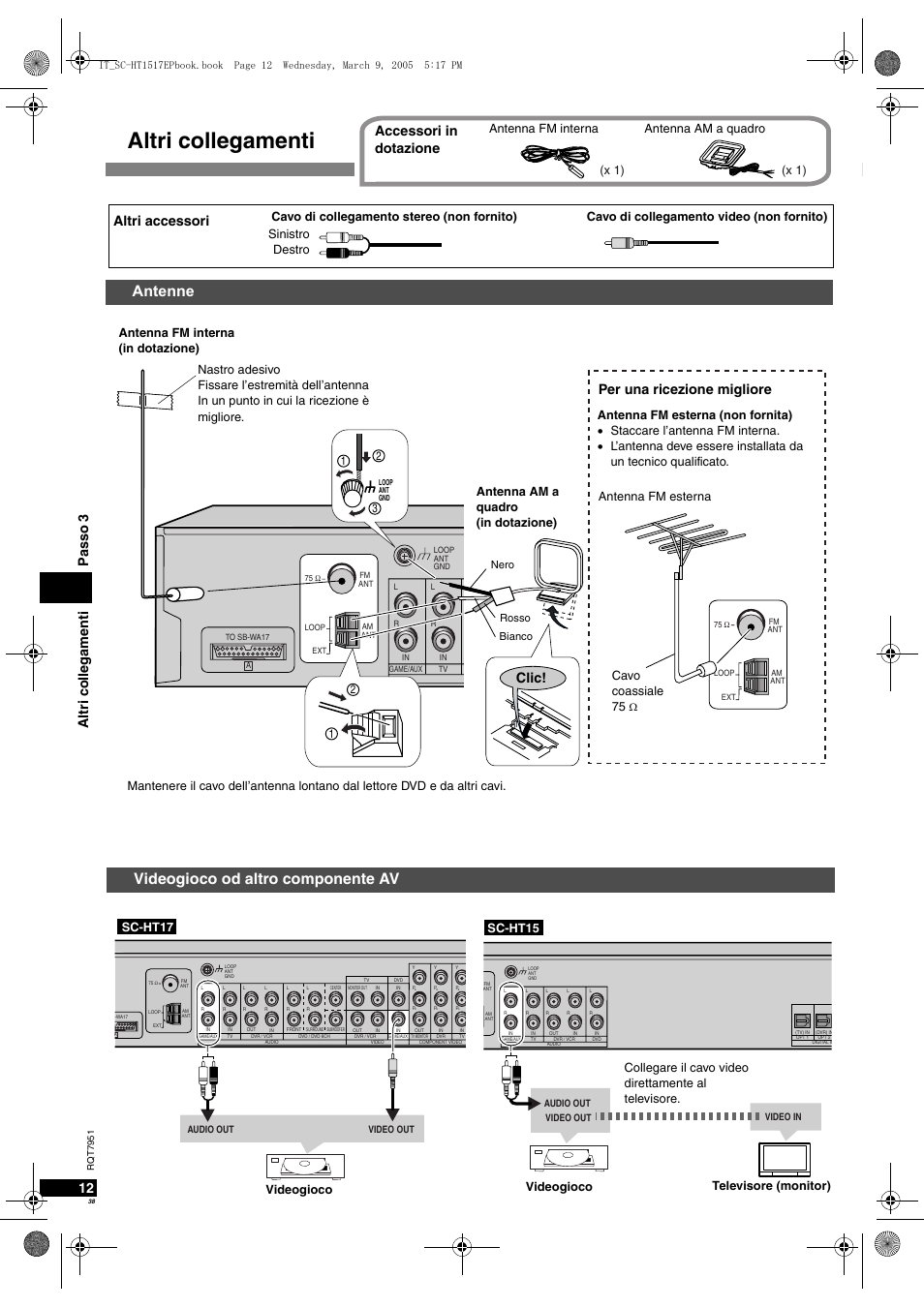 Altri collegamenti, Antenne, Videogioco od altro componente av | 12 al tri co llegamenti p asso 3, Per una ricezione migliore, Clic, Accessori in dotazione, Altri accessori, X 1), Antenna fm interna antenna am a quadro | Panasonic SCHT17 User Manual | Page 38 / 80