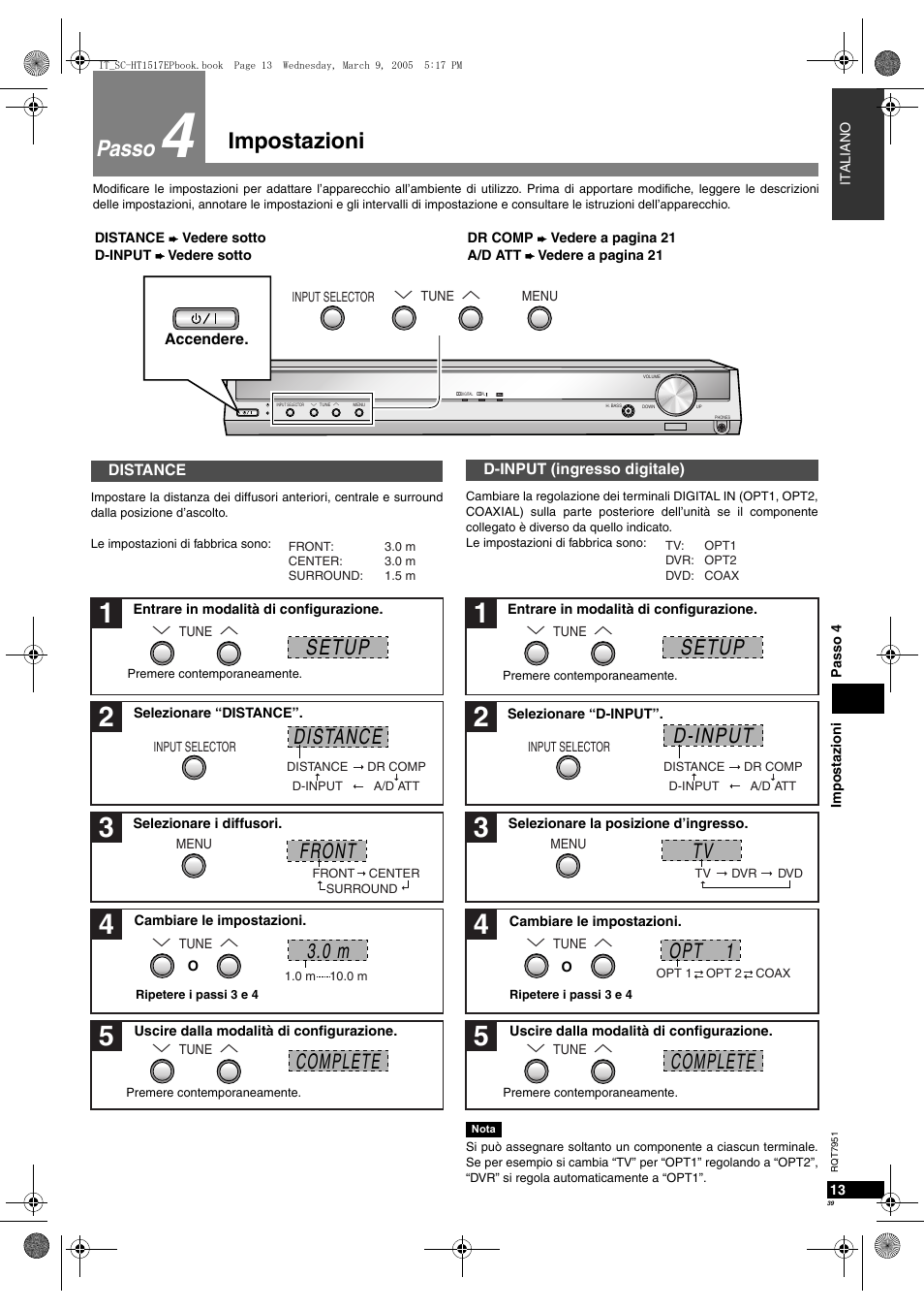 Impostazioni, Passo, Front complete 3.0 m | D-input setup distance complete setup, Opt 1 | Panasonic SCHT17 User Manual | Page 39 / 80