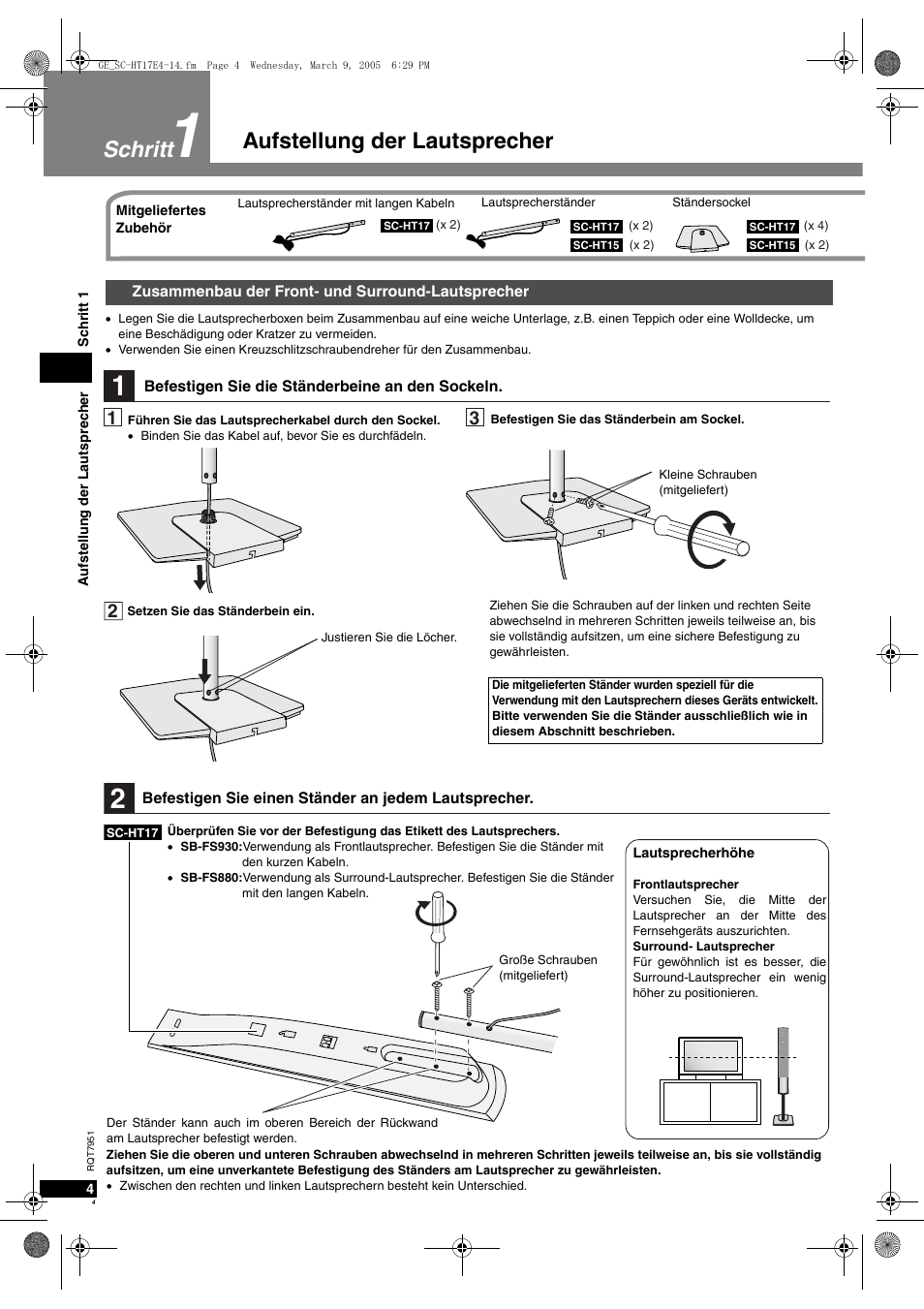 Aufstellung der lautsprecher schritt | Panasonic SCHT17 User Manual | Page 4 / 80