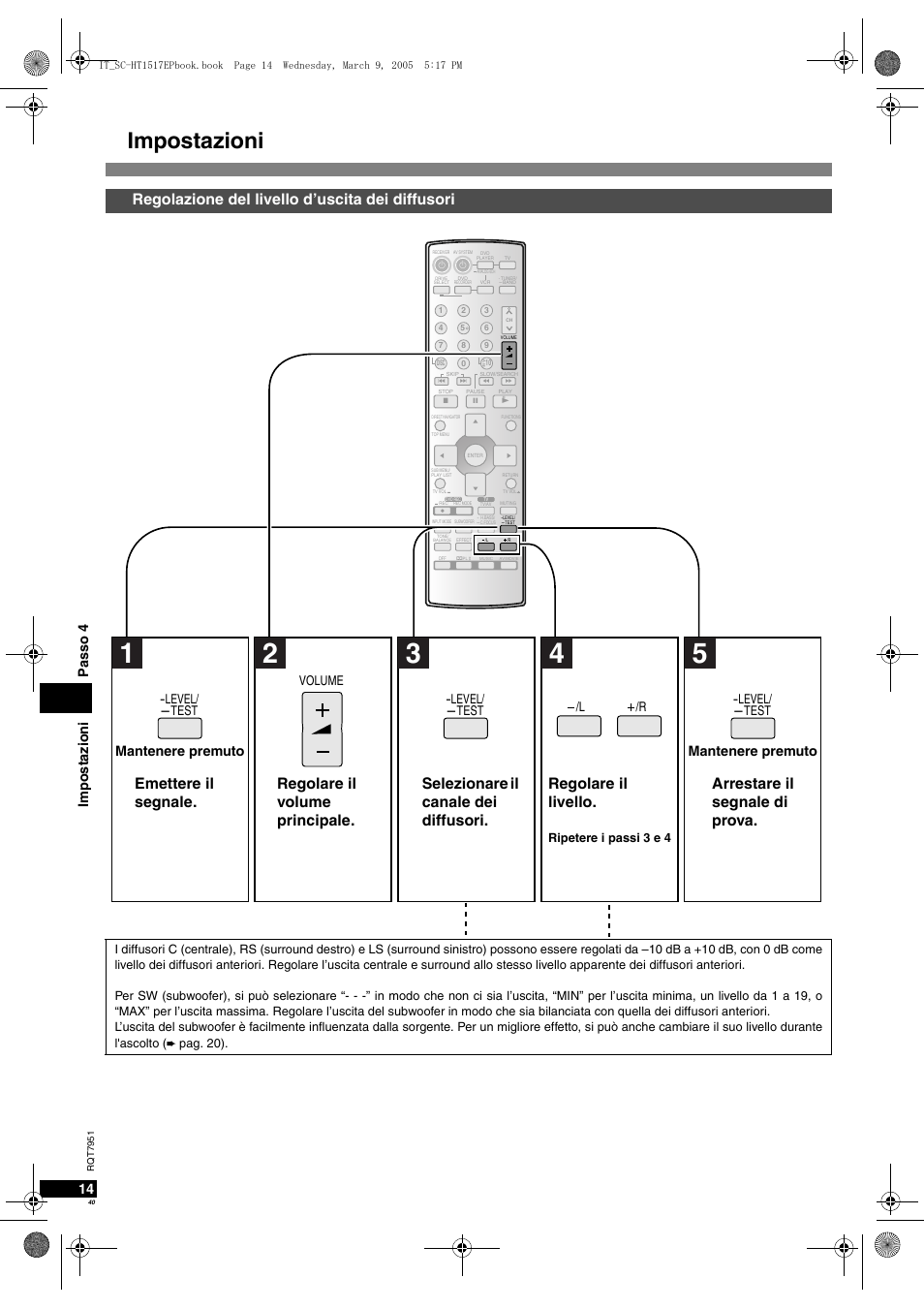 Impostazioni, Regolazione del livello d’uscita dei diffusori, Arrestare il segnale di prova | 14 impos tazioni passo 4, Mantenere premuto | Panasonic SCHT17 User Manual | Page 40 / 80