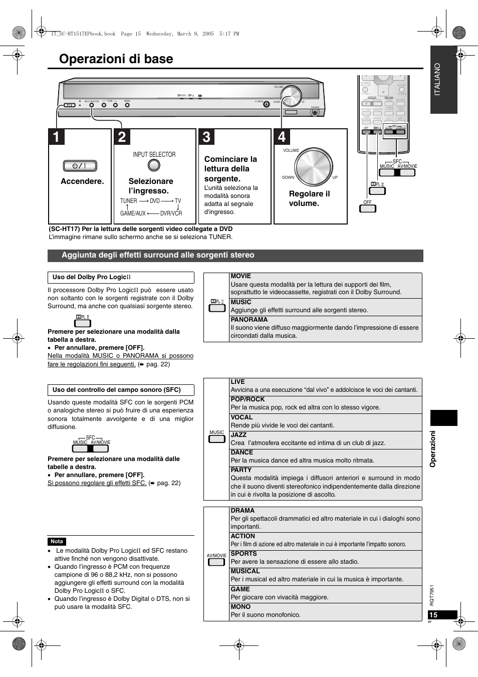 Operazioni di base, Regolare il volume, Oper azioni 15 | It aliano, Input selector | Panasonic SCHT17 User Manual | Page 41 / 80