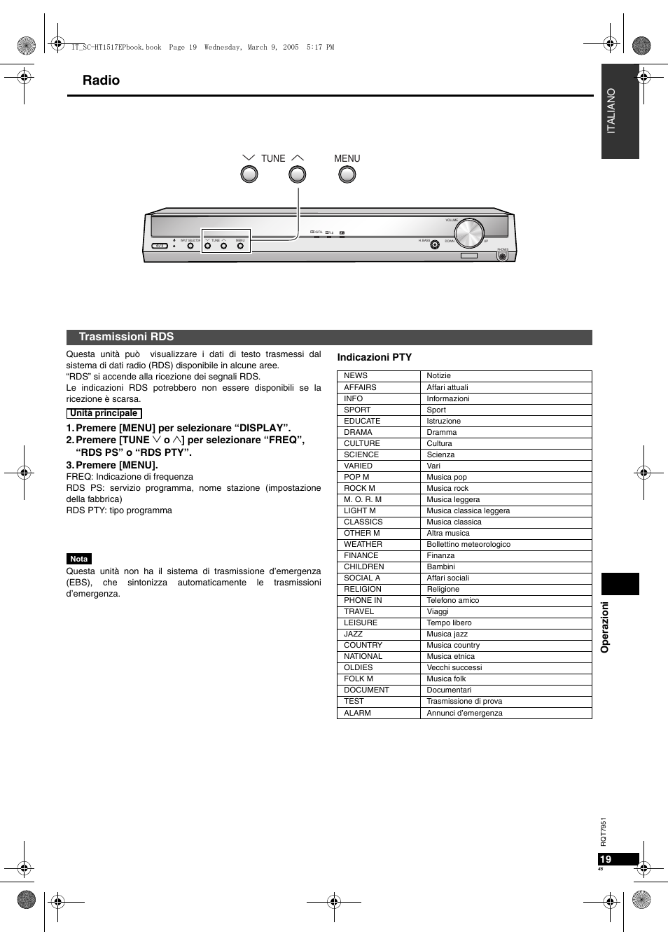 Radio, Trasmissioni rds | Panasonic SCHT17 User Manual | Page 45 / 80