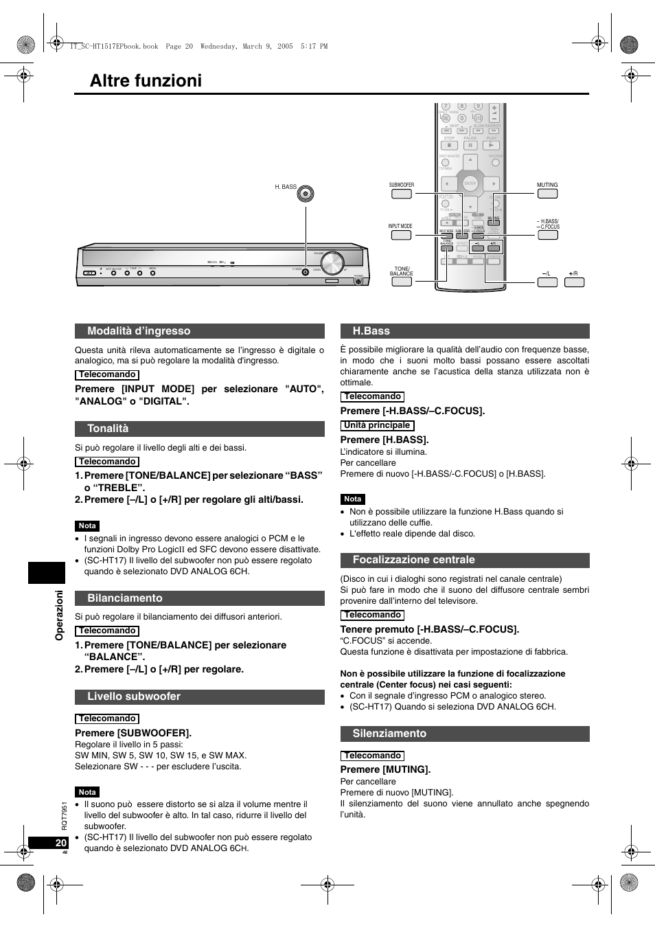 Altre funzioni, H.bass focalizzazione centrale silenziamento, Oper azioni 20 | Premere [subwoofer, Premere [-h.bass/–c.focus, Premere [h.bass, Tenere premuto [-h.bass/–c.focus, Premere [muting | Panasonic SCHT17 User Manual | Page 46 / 80