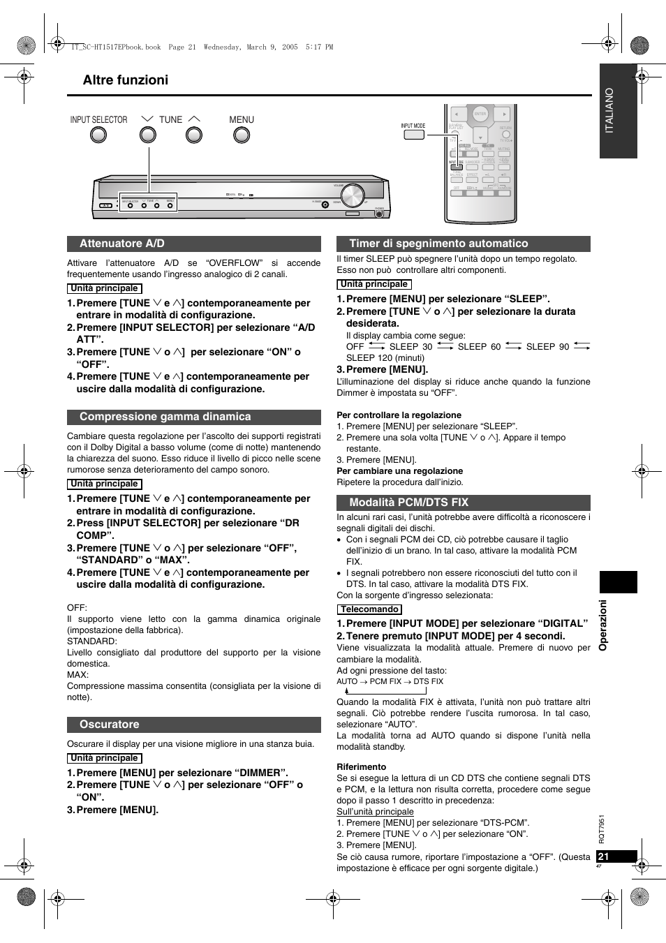 Altre funzioni, Oper azioni 21, It aliano | Premere [menu | Panasonic SCHT17 User Manual | Page 47 / 80