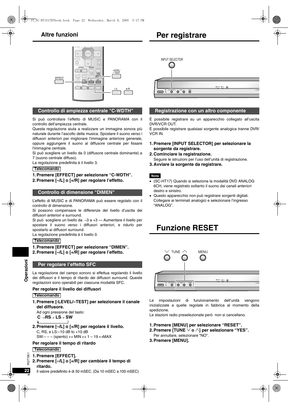 Per registrare, Funzione reset, Altre funzioni | Registrazione con un altro componente, Oper azioni 22, Avviare la sorgente da registrare, Per regolare il livello dei diffusori, Sw 2.premere [–/l] o [+/r] per regolare il livello, Per regolare il tempo di ritardo, Premere [menu | Panasonic SCHT17 User Manual | Page 48 / 80