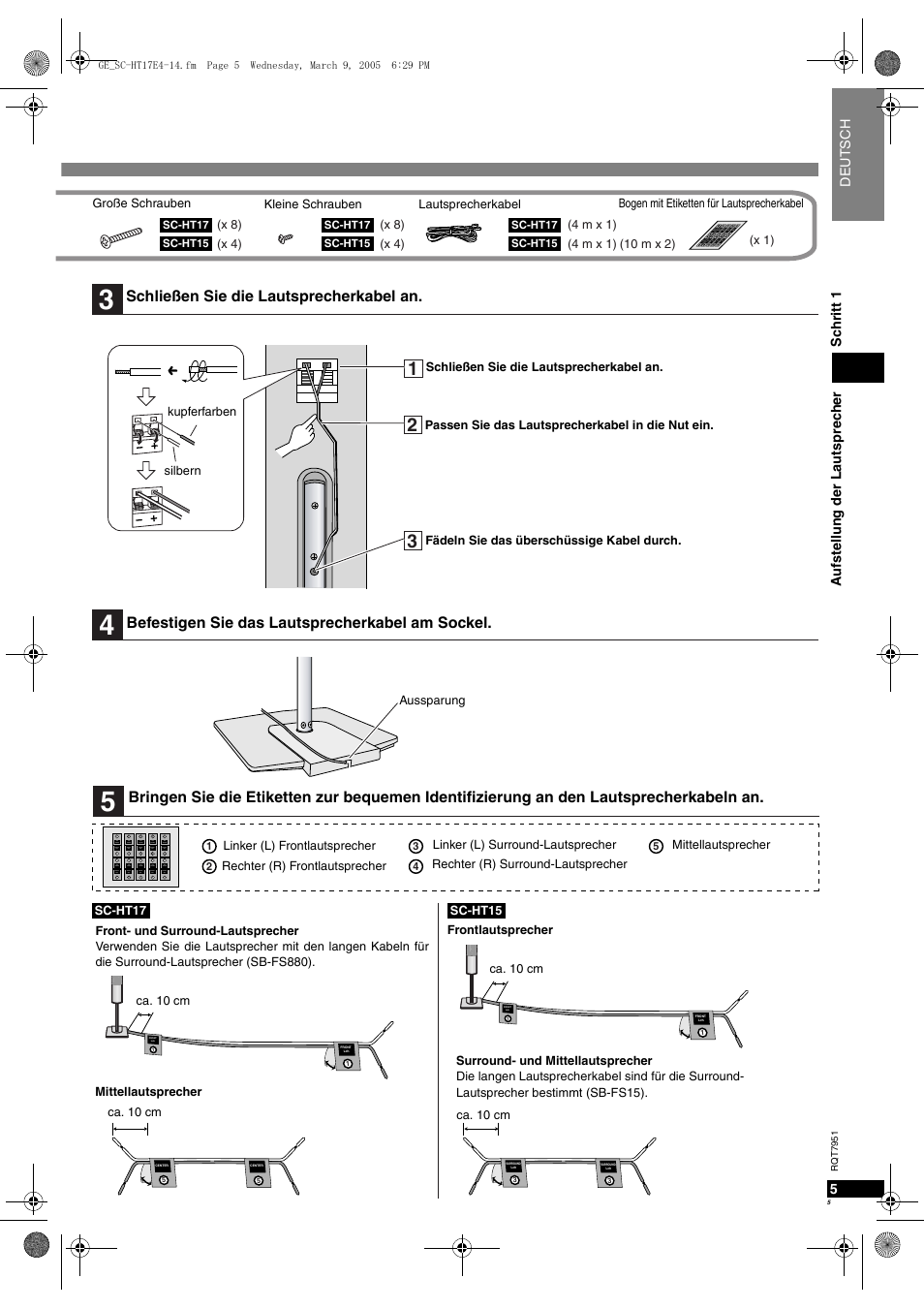 Schließen sie die lautsprecherkabel an, Befestigen sie das lautsprecherkabel am sockel | Panasonic SCHT17 User Manual | Page 5 / 80