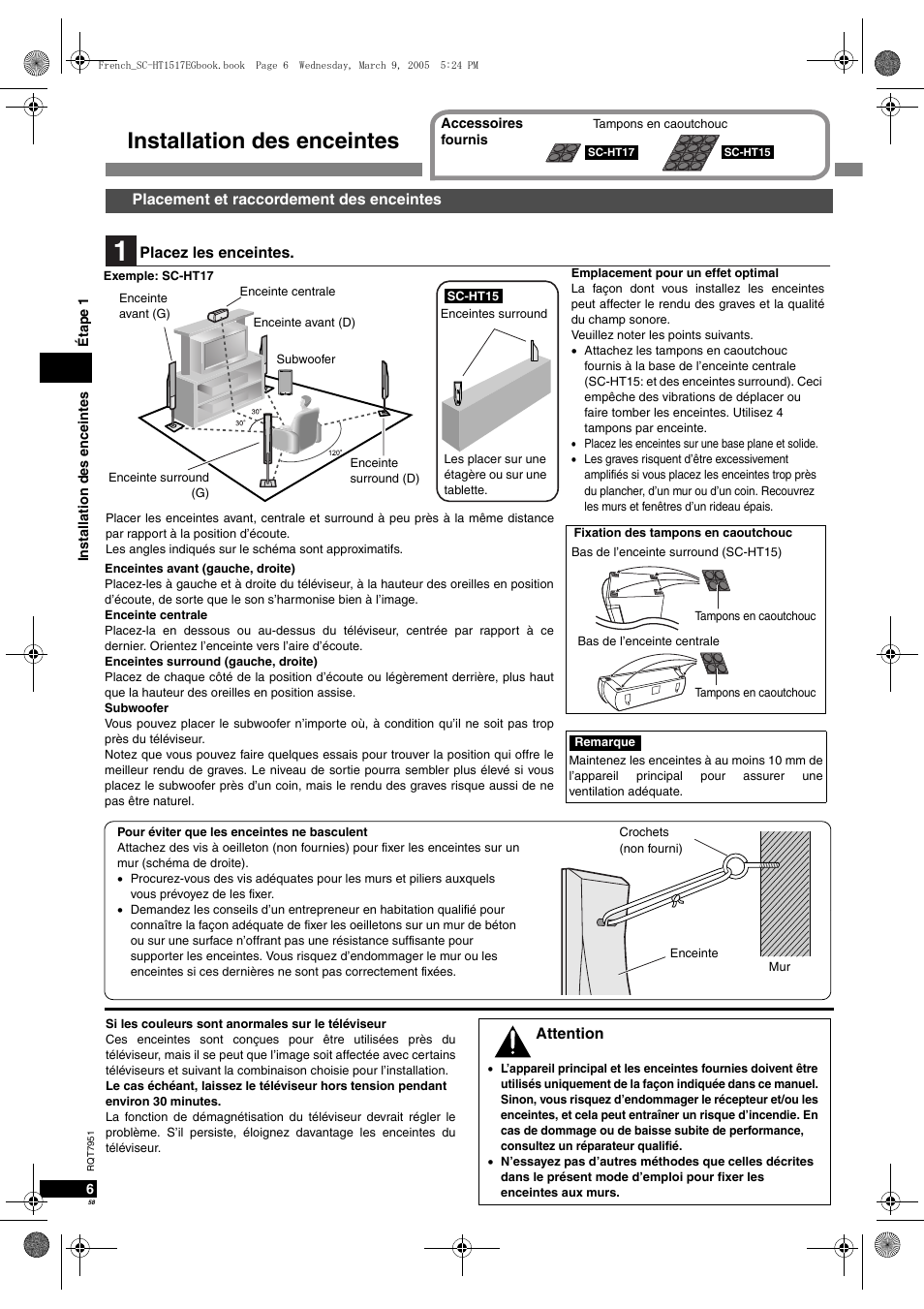 Installation des enceintes | Panasonic SCHT17 User Manual | Page 58 / 80