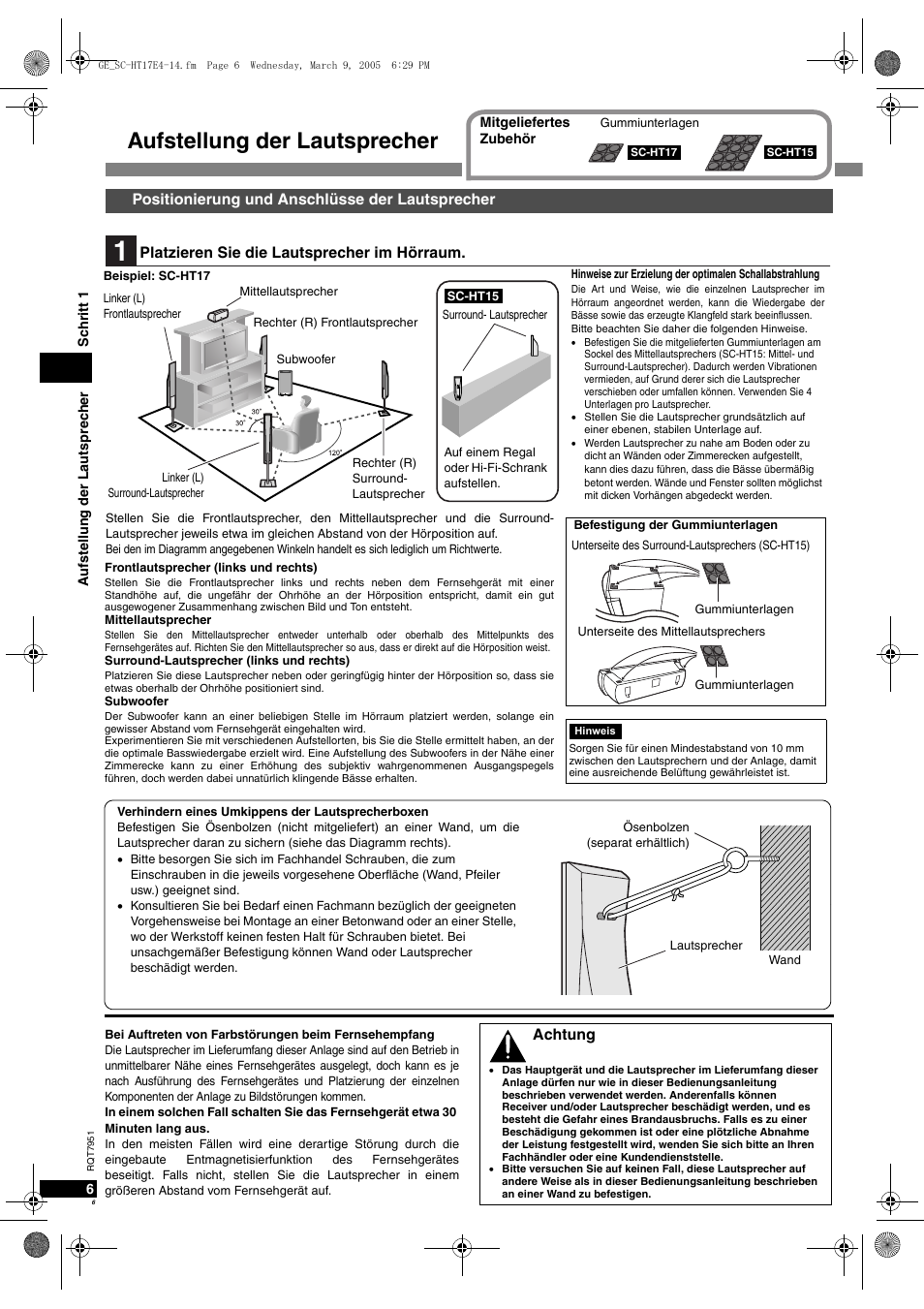 Aufstellung der lautsprecher | Panasonic SCHT17 User Manual | Page 6 / 80