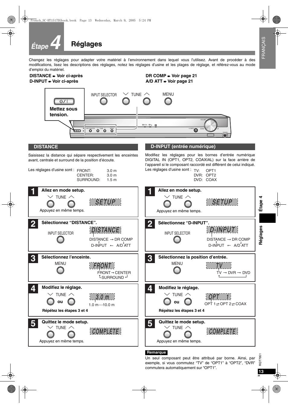 Réglages, Étape, Front complete 3.0 m | D-input setup distance complete setup, Opt 1 | Panasonic SCHT17 User Manual | Page 65 / 80