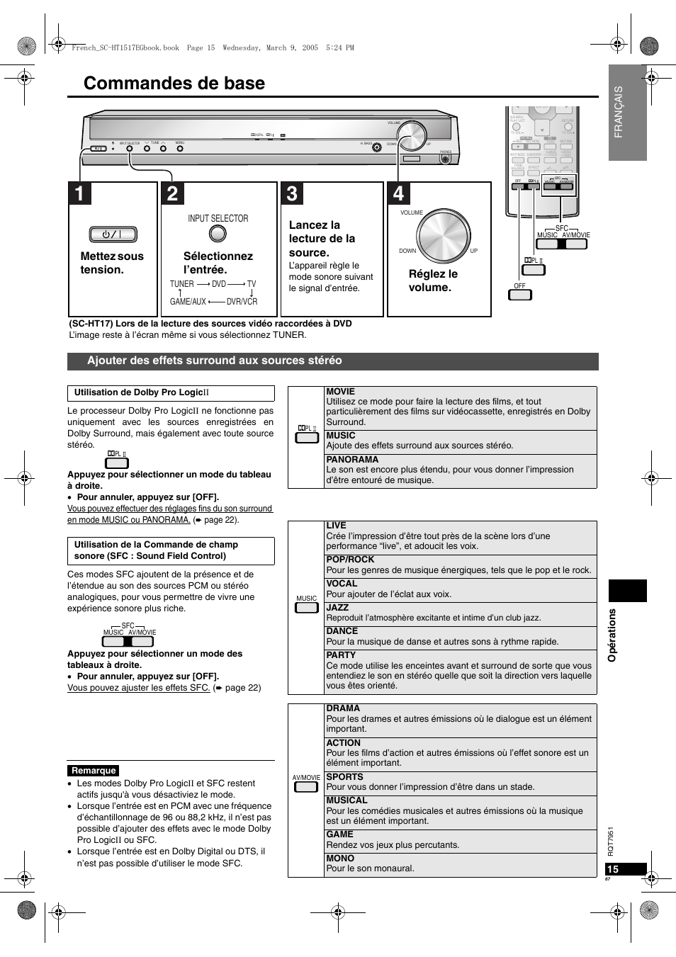 Commandes de base, Ajouter des effets surround aux sources stéréo, Réglez le volume | Op ératio ns 15, Fran ç ais, Input selector | Panasonic SCHT17 User Manual | Page 67 / 80