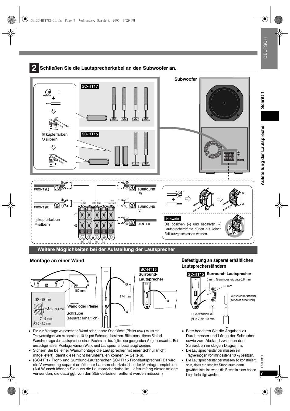 Montage an einer wand | Panasonic SCHT17 User Manual | Page 7 / 80