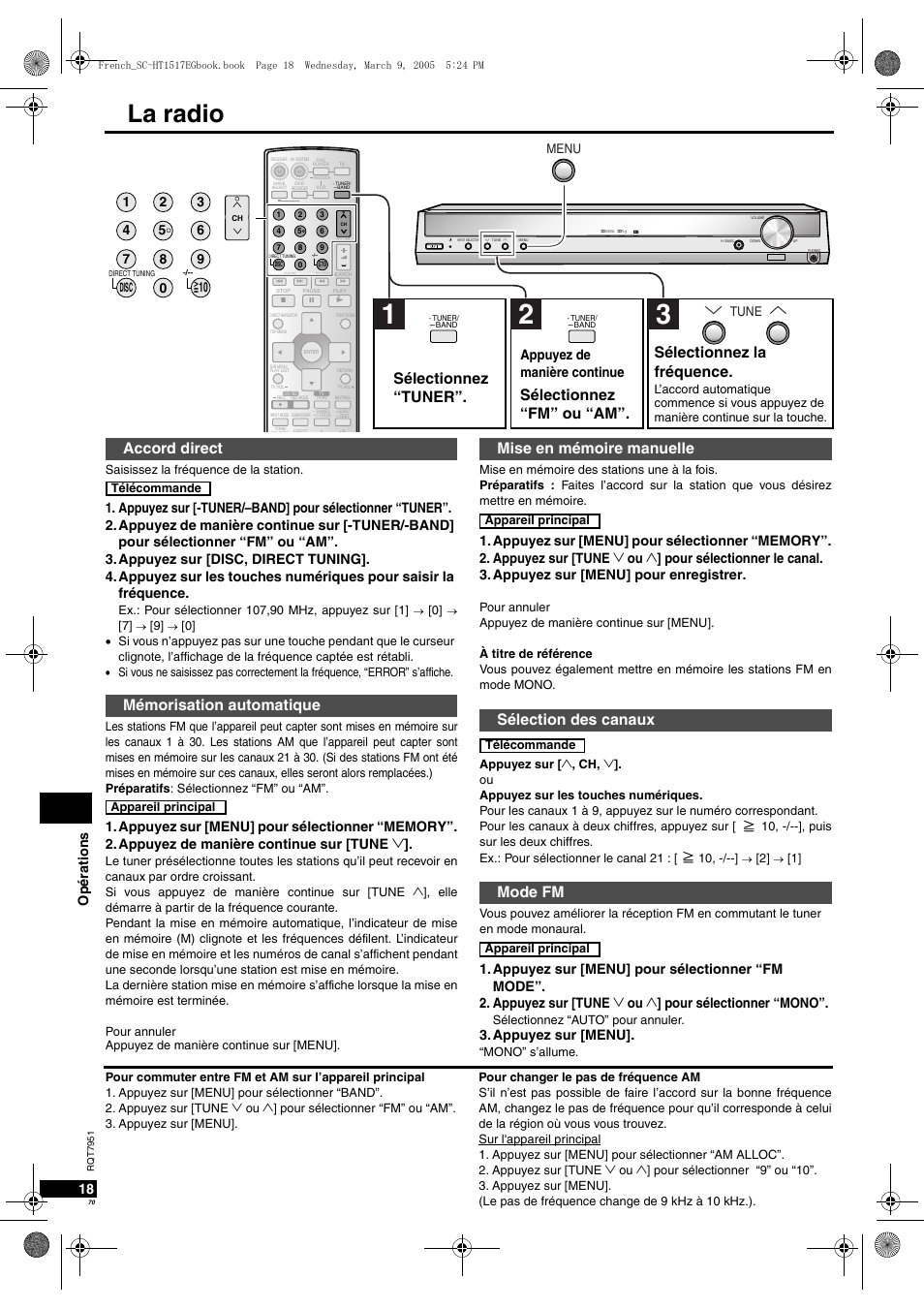 La radio, Accord direct mémorisation automatique, Sélectionnez “tuner | Op ératio ns 18, Appuyez sur [menu, Appuyez de manière continue, Disc, Tune menu | Panasonic SCHT17 User Manual | Page 70 / 80