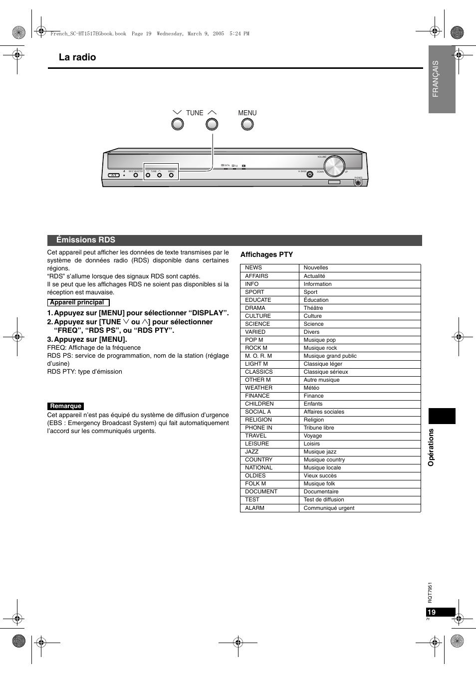 La radio, Émissions rds | Panasonic SCHT17 User Manual | Page 71 / 80