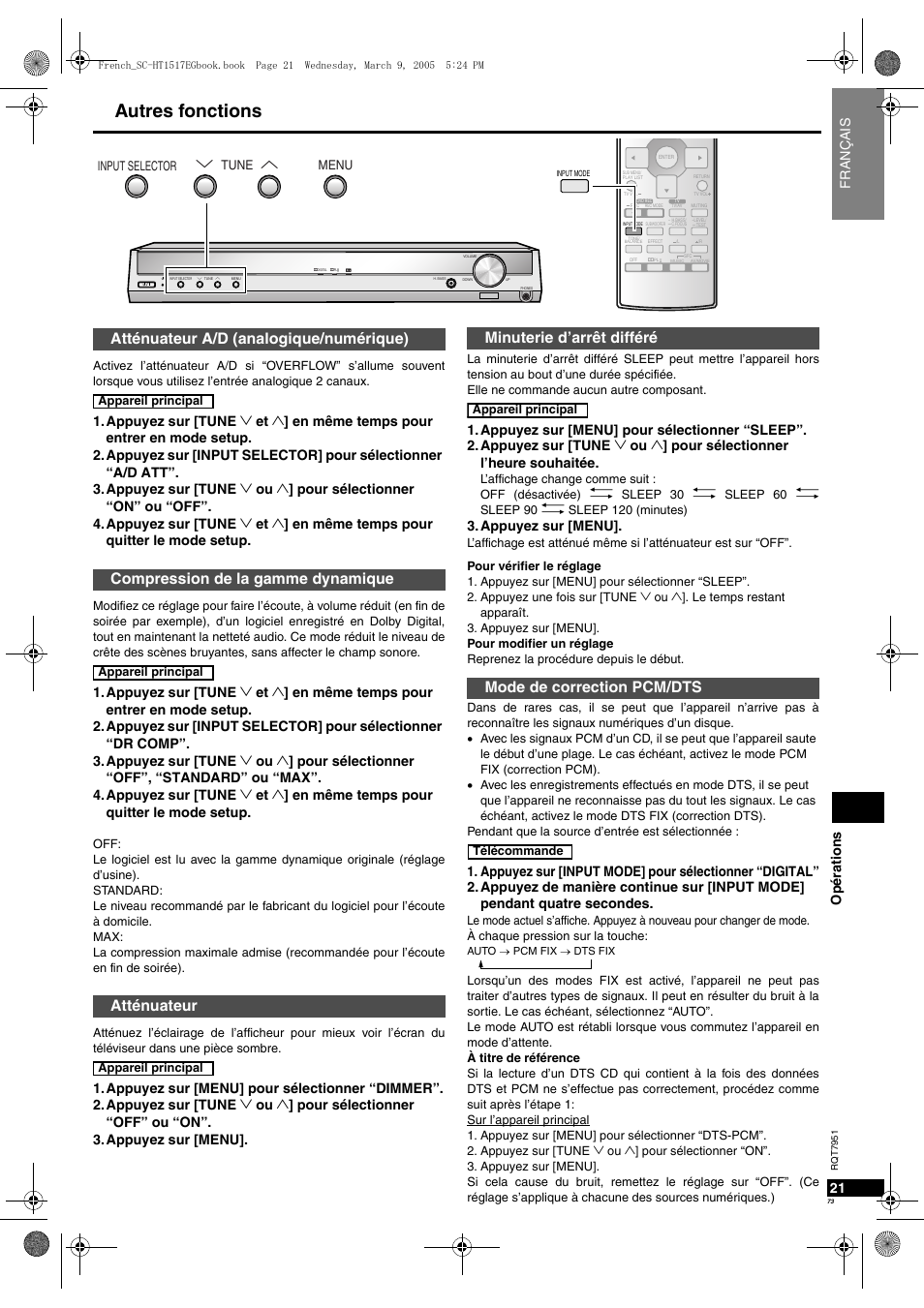 Autres fonctions, Op ératio ns 21, Fran ç ais | Appuyez sur [menu | Panasonic SCHT17 User Manual | Page 73 / 80