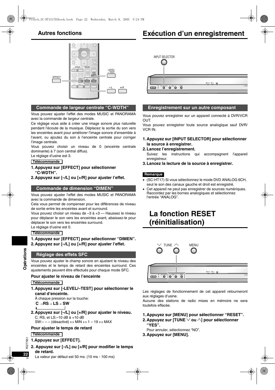 La fonction reset (réinitialisation), Exécution d’un enregistrement, Autres fonctions | Enregistrement sur un autre composant, Op ératio ns 22, Lancez la lecture de la source à enregistrer, Pour ajuster le niveau de l’enceinte, Pour ajuster le temps de retard, Appuyez sur [menu | Panasonic SCHT17 User Manual | Page 74 / 80