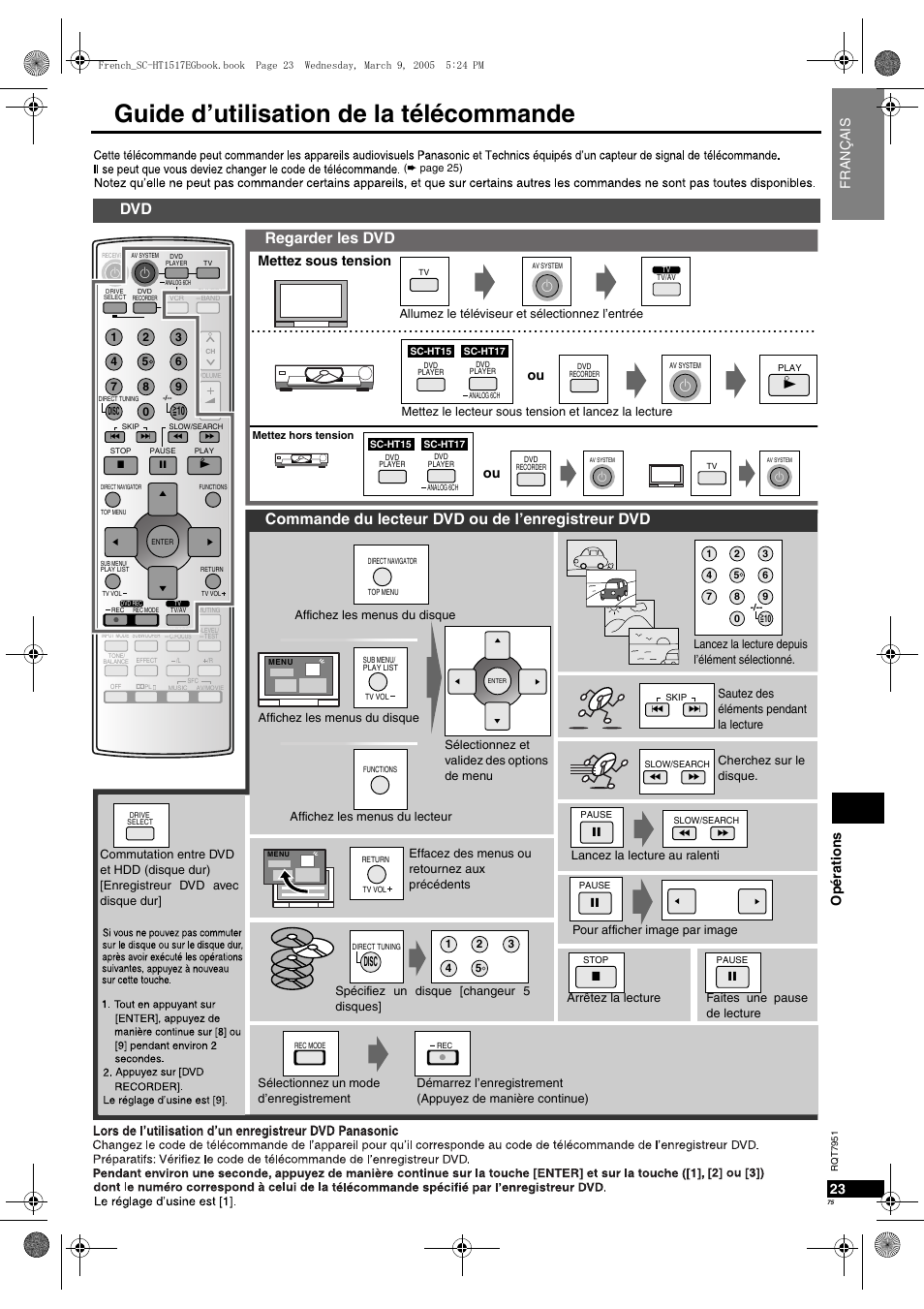 Guide d’utilisation de la télécommande, Regarder les dvd, Commande du lecteur dvd ou de l’enregistreur dvd | Op ératio ns 23, Fran ç ais, Mettez sous tension, Disc | Panasonic SCHT17 User Manual | Page 75 / 80