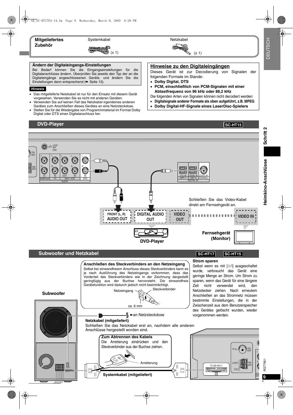 Dvd-player, Subwoofer und netzkabel, Hinweise zu den digitaleingängen | 9heimkino-ans chlüsse schritt 2, Deutsc h, Audio out digital audio out video out, Video in, Dvd-player fernsehgerät (monitor), Subwoofer, Mitgeliefertes zubehör | Panasonic SCHT17 User Manual | Page 9 / 80