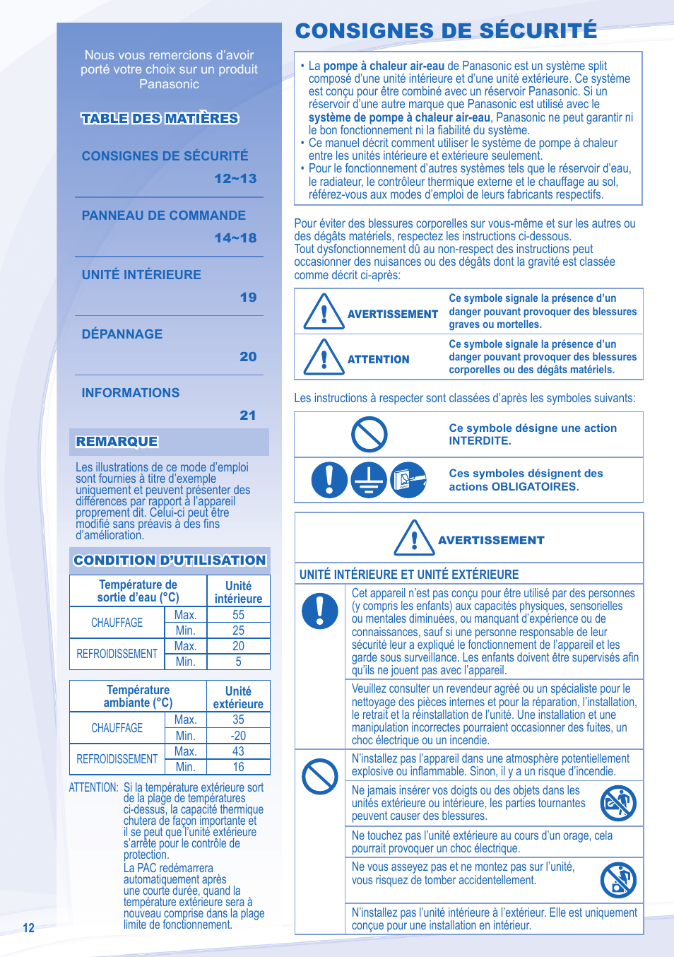 Consignes de sécurité | Panasonic WHSXC09D3E8 User Manual | Page 12 / 92