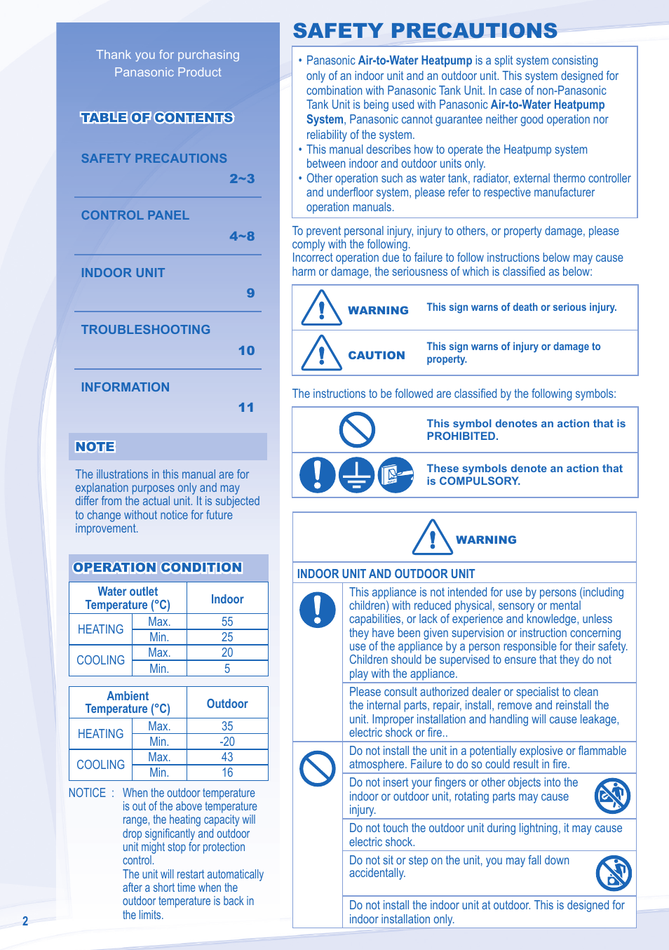 Safety precautions | Panasonic WHSXC09D3E8 User Manual | Page 2 / 92