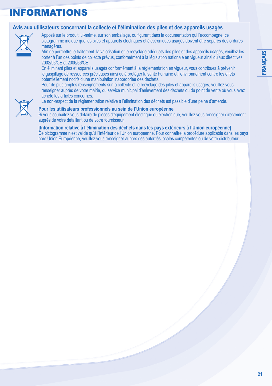 Informations | Panasonic WHSXC09D3E8 User Manual | Page 21 / 92