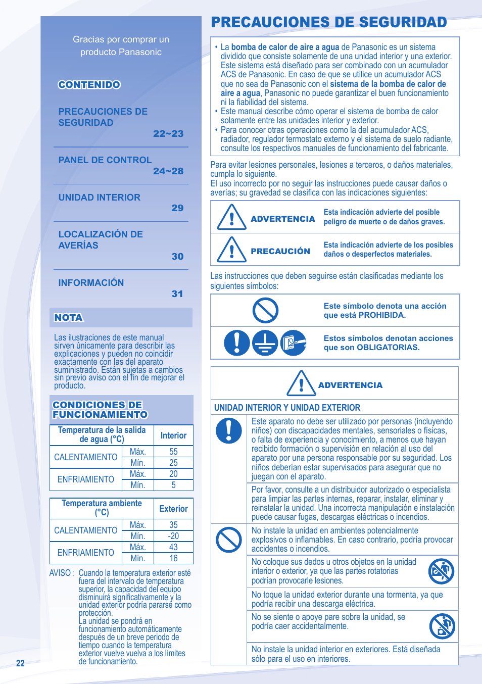 Precauciones de seguridad | Panasonic WHSXC09D3E8 User Manual | Page 22 / 92