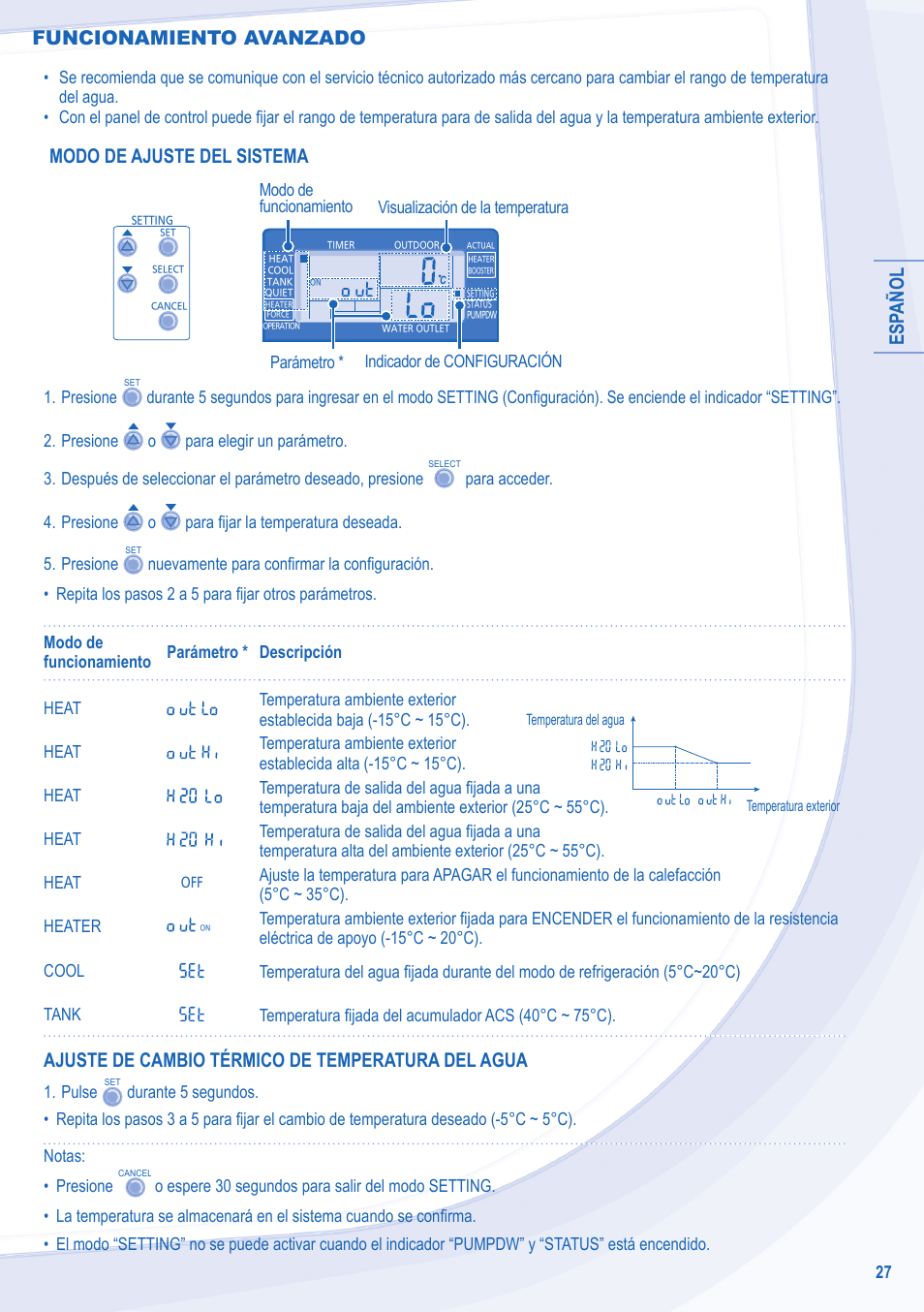 Esp añol, Modo de ajuste del sistema, Ajuste de cambio térmico de temperatura del agua | Funcionamiento avanzado | Panasonic WHSXC09D3E8 User Manual | Page 27 / 92