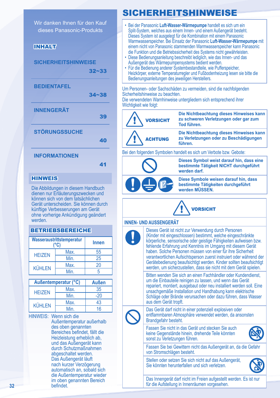 Sicherheitshinweise | Panasonic WHSXC09D3E8 User Manual | Page 32 / 92