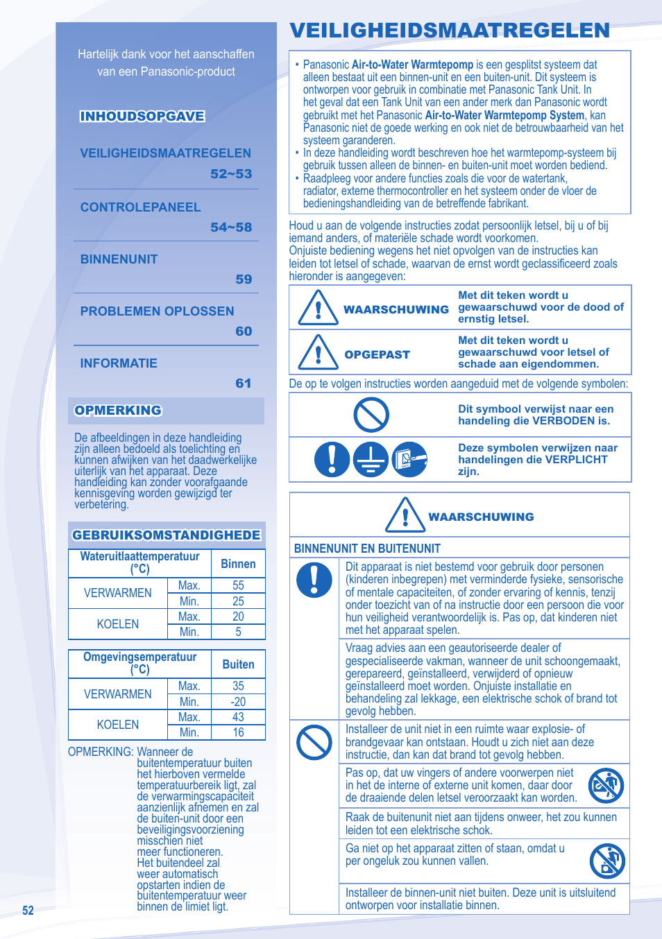 Veiligheidsmaatregelen | Panasonic WHSXC09D3E8 User Manual | Page 52 / 92