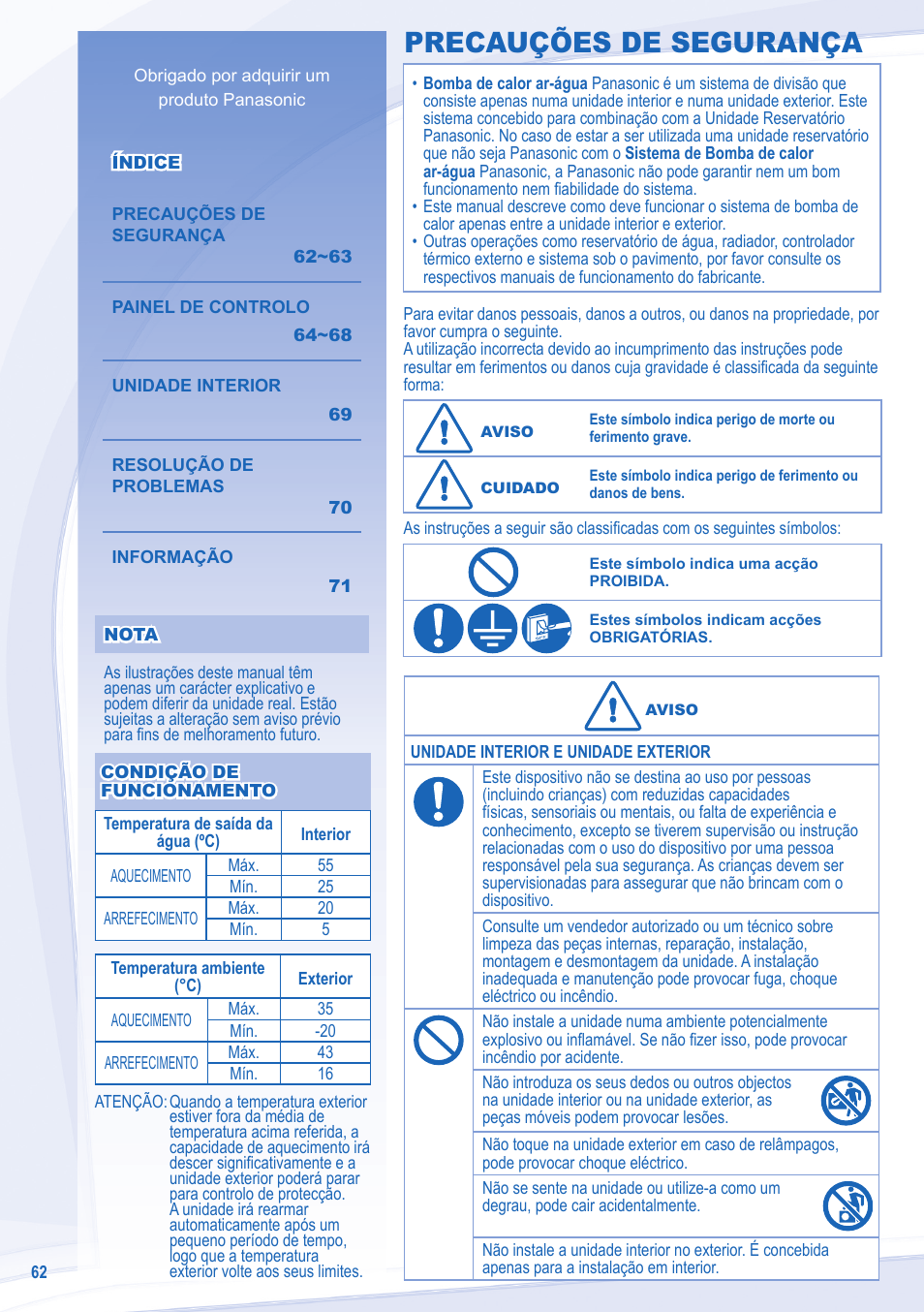 Precauções de segurança | Panasonic WHSXC09D3E8 User Manual | Page 62 / 92