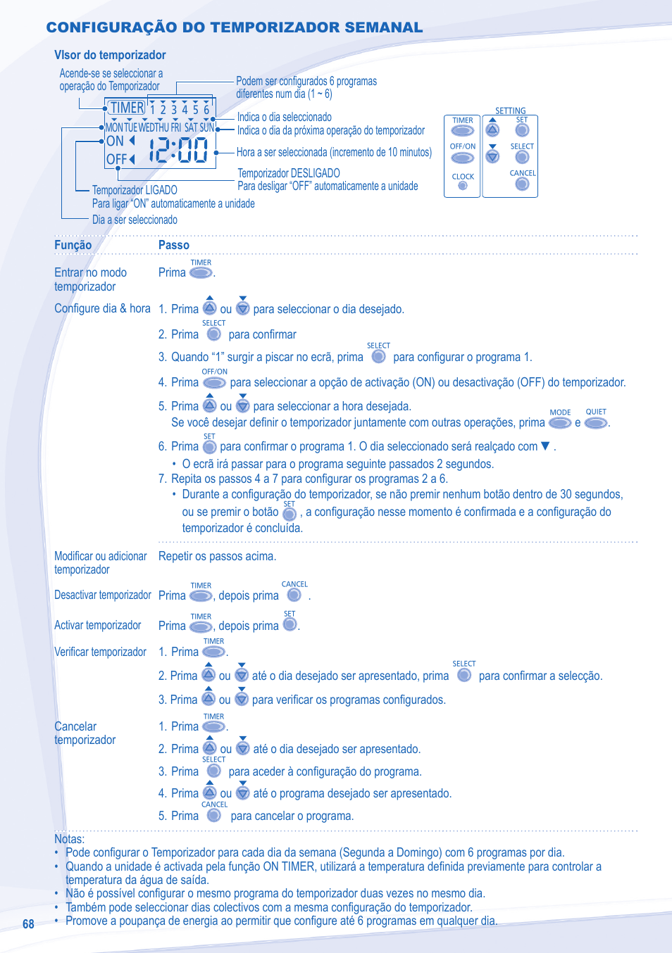 Configuração do temporizador semanal | Panasonic WHSXC09D3E8 User Manual | Page 68 / 92