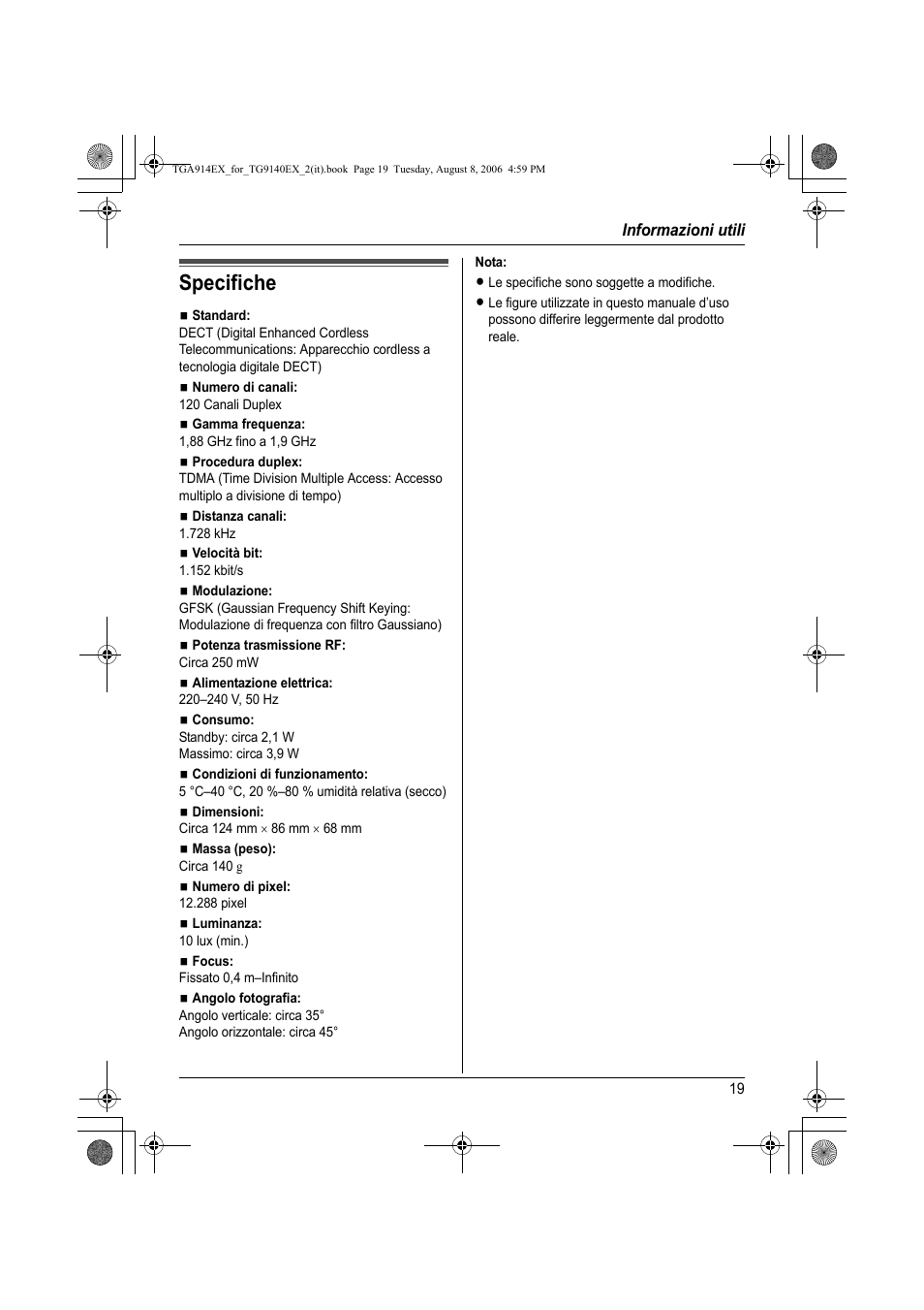 Specifiche | Panasonic KXTG9140EX User Manual | Page 19 / 60