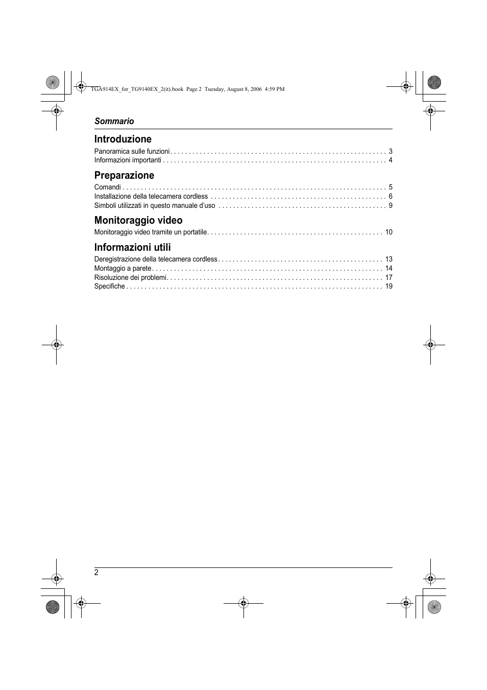 Introduzione, Preparazione, Monitoraggio video | Informazioni utili | Panasonic KXTG9140EX User Manual | Page 2 / 60