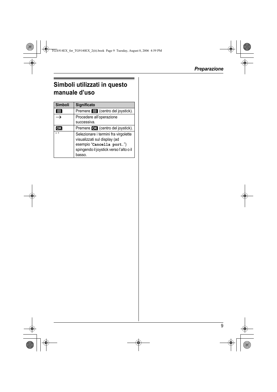 Simboli utilizzati in questo manuale d’uso | Panasonic KXTG9140EX User Manual | Page 9 / 60