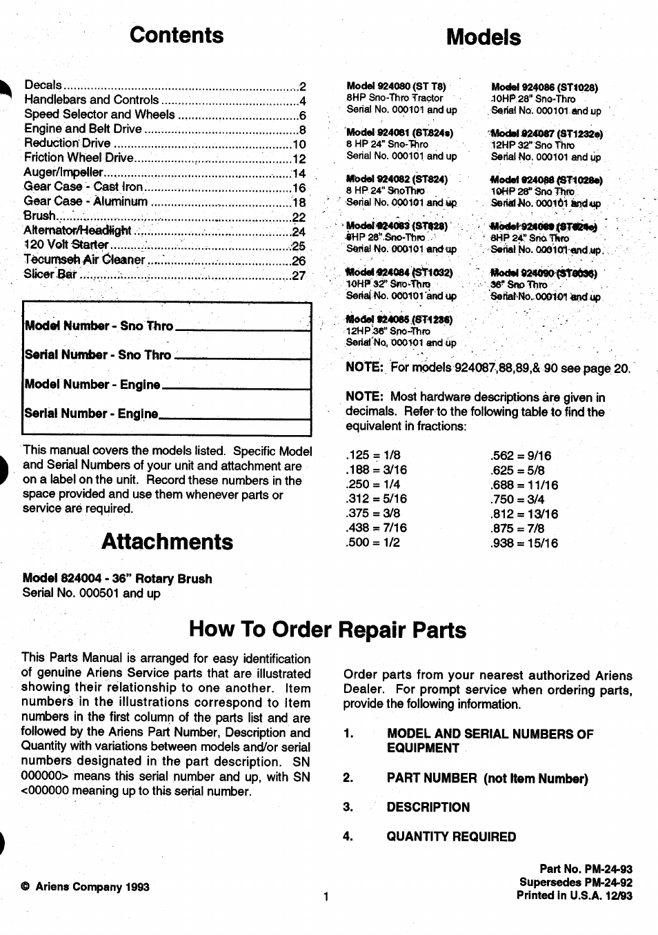 Model 824004 - 36” rotary brush, Model and serial numbers of equipment, Part number (not item number) | Description, Quantity required, Contents models, Attachments, How to order repair parts | Ariens Sno-Thro PM-24-93 User Manual | Page 3 / 28