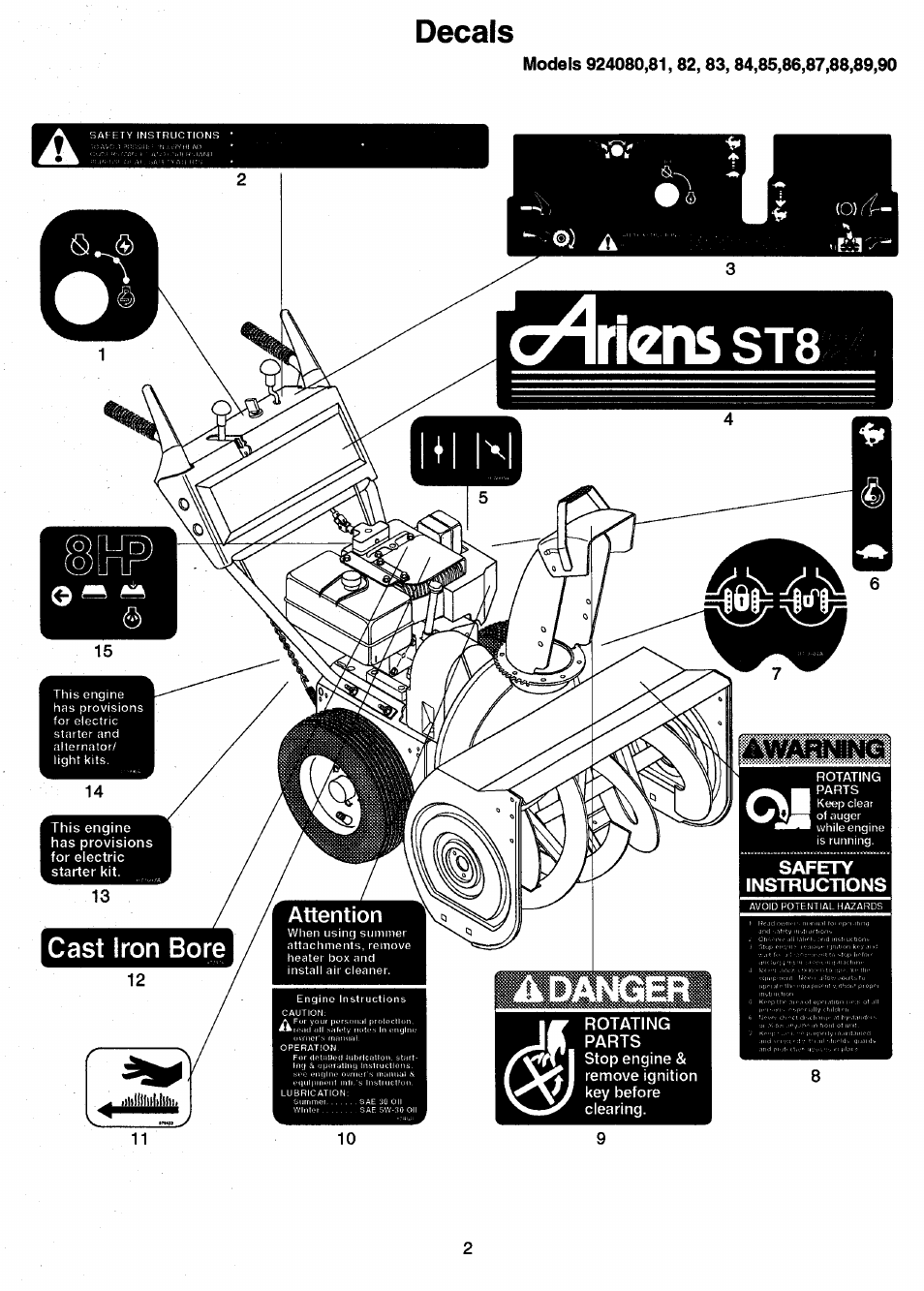 Cullens, Decals, Cast iron bore | Attention | Ariens Sno-Thro PM-24-93 User Manual | Page 4 / 28