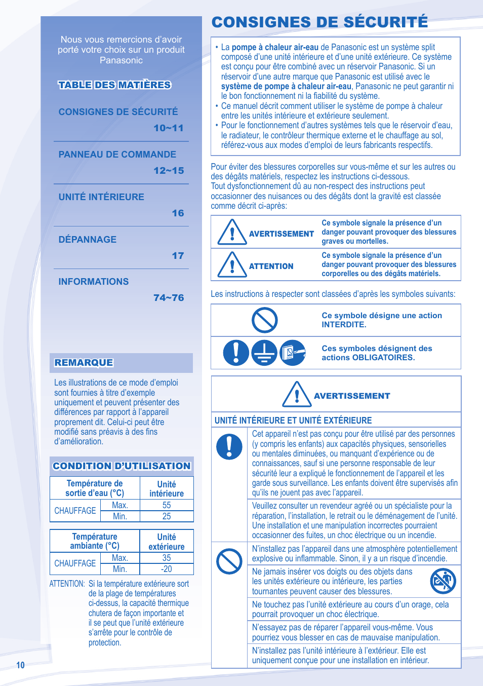 Consignes de sécurité | Panasonic WHUD12CE5 User Manual | Page 10 / 76