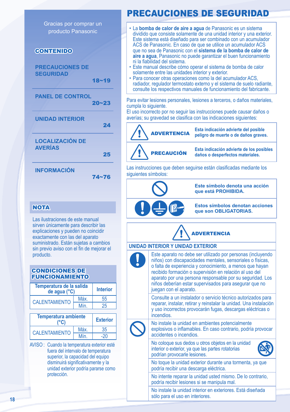 Precauciones de seguridad | Panasonic WHUD12CE5 User Manual | Page 18 / 76