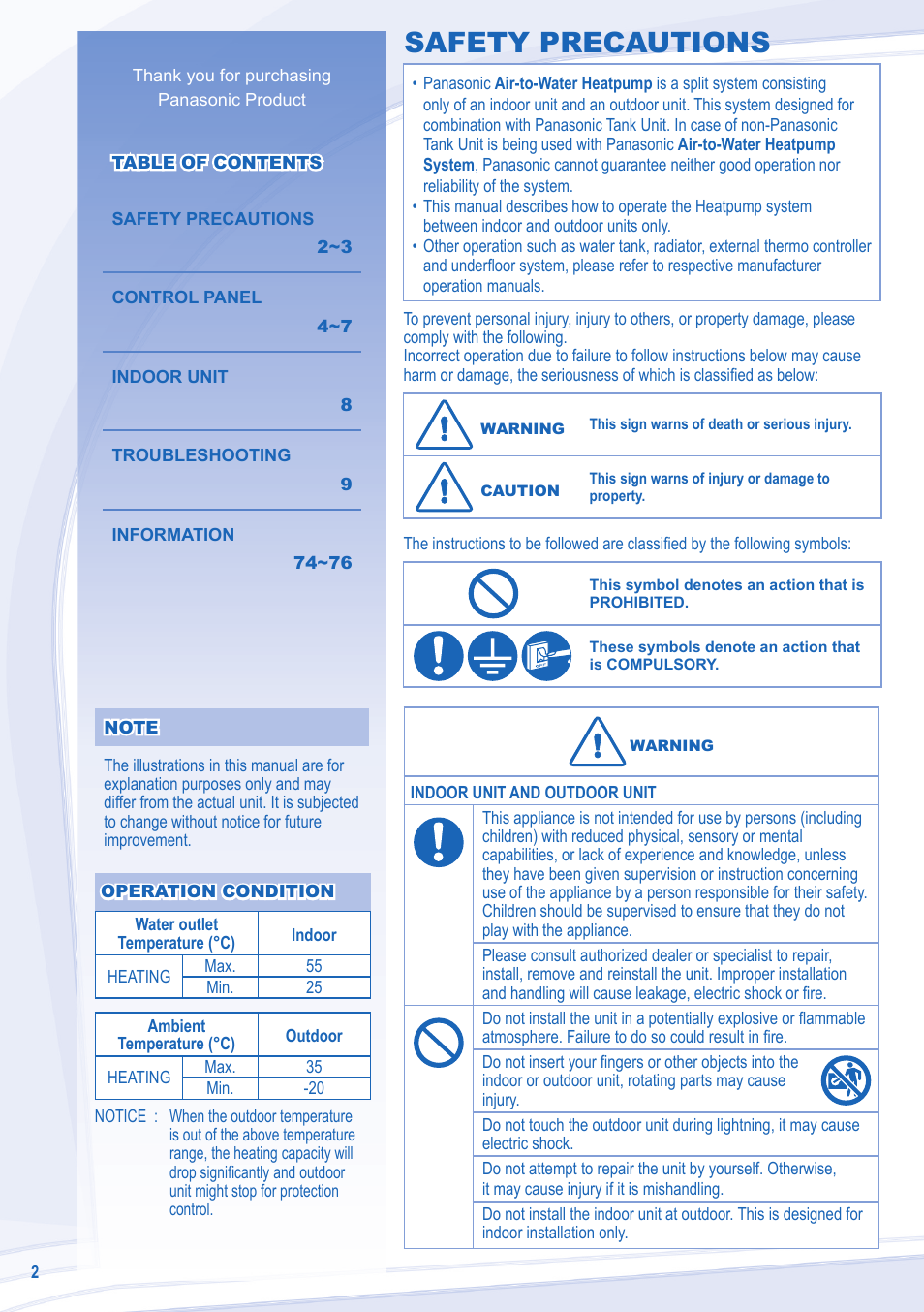 Safety precautions | Panasonic WHUD12CE5 User Manual | Page 2 / 76