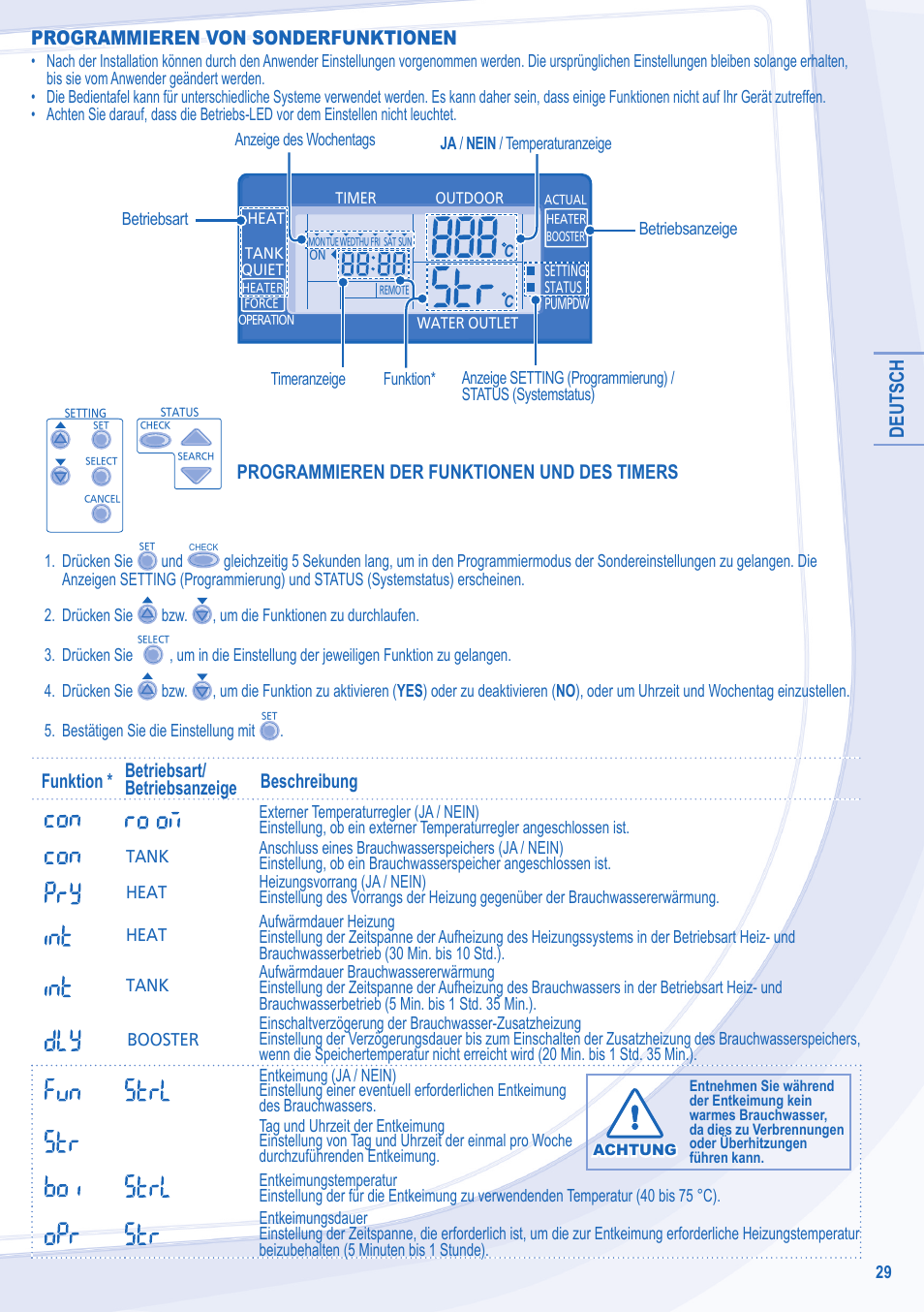 Deutsch, Programmieren von sonderfunktionen, Programmieren der funktionen und des timers | Panasonic WHUD12CE5 User Manual | Page 29 / 76