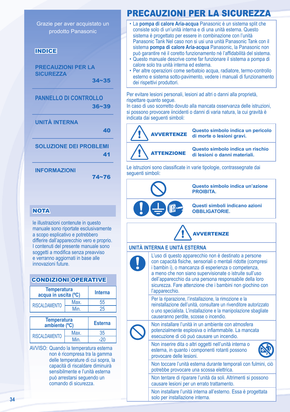 Precauzioni per la sicurezza | Panasonic WHUD12CE5 User Manual | Page 34 / 76